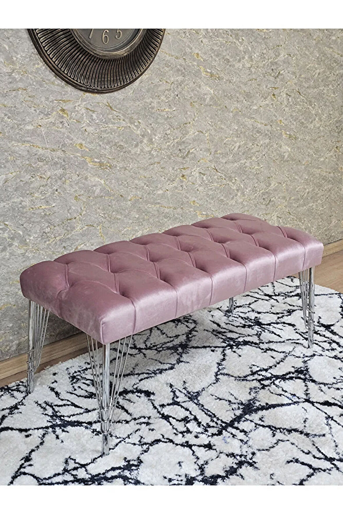 Krom Tel Ayaklı 90 cm Puf Bench - Puf - Bench - Kasalı Oturak - Oturak - Yatak Ucu Puf Pembe Renk 90 x 40 Boyut/Ebat