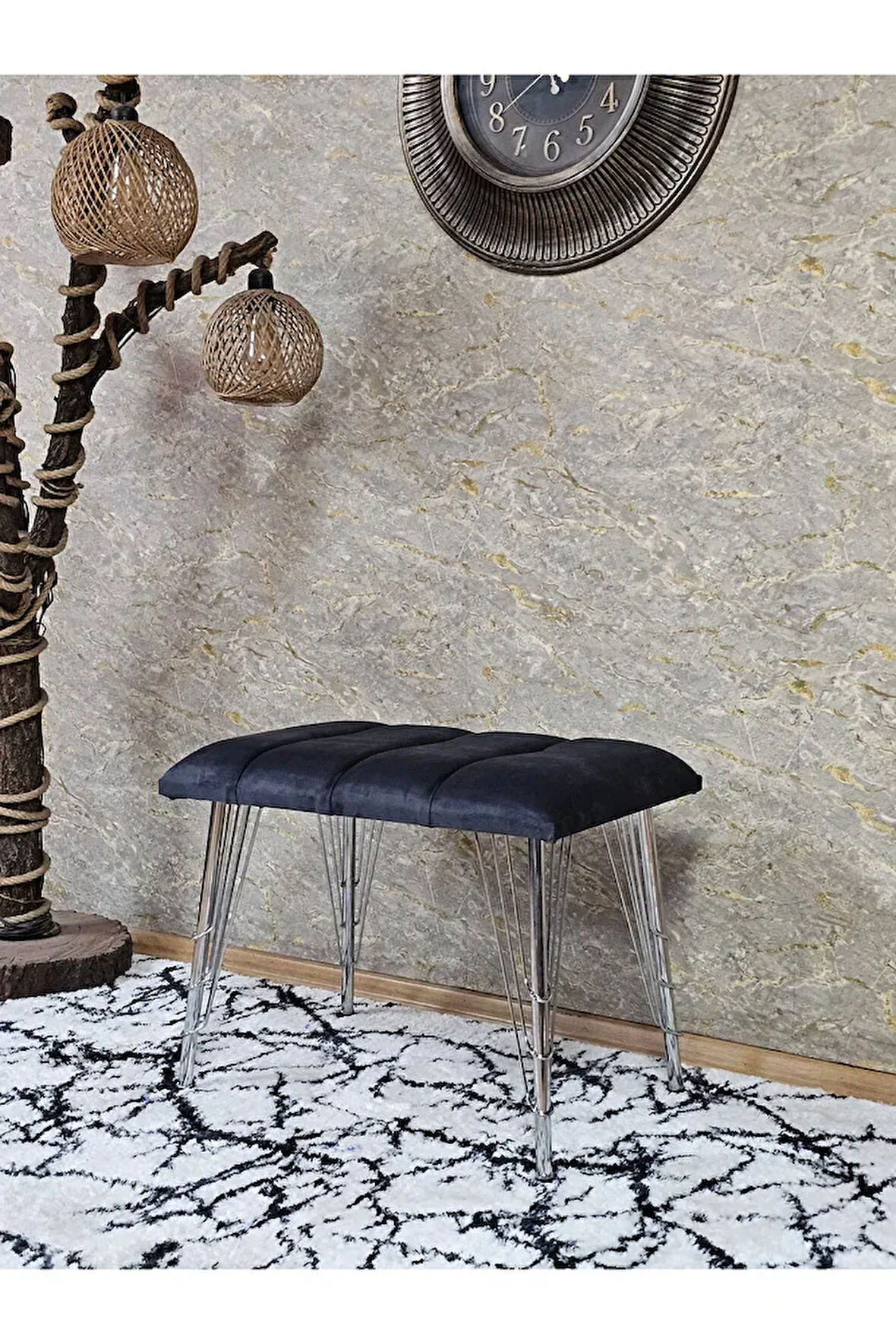 Metal Krom Tel Ayaklı 60 cm Puf Bench - Puf - Bench - Oturak - Mutfak Oturağı - Antre Oturağı Füme Renk 60 x 40 Boyut/Ebat