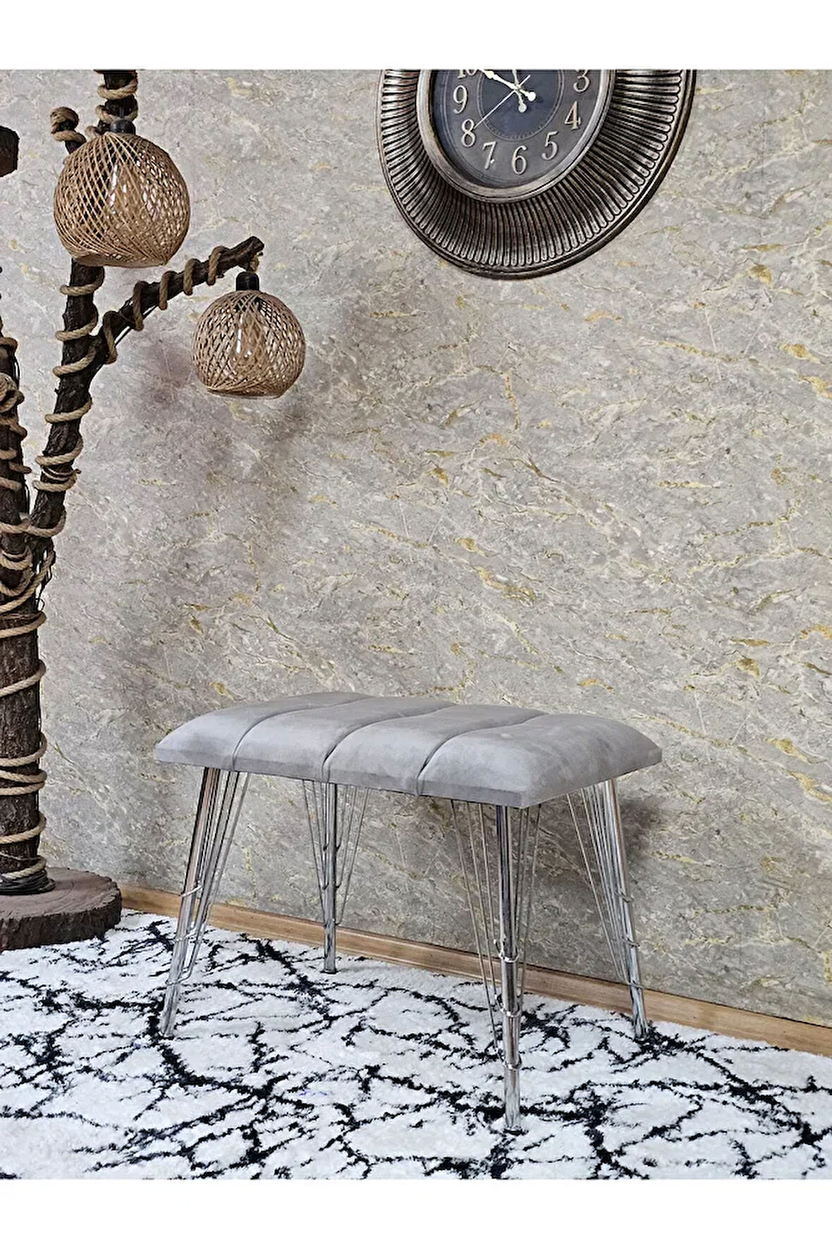 Metal Krom Tel Ayaklı 60 cm Puf Bench - Puf - Bench - Oturak - Mutfak Oturağı - Antre Oturağı Gri Renk 60 x 40 Boyut/Ebat