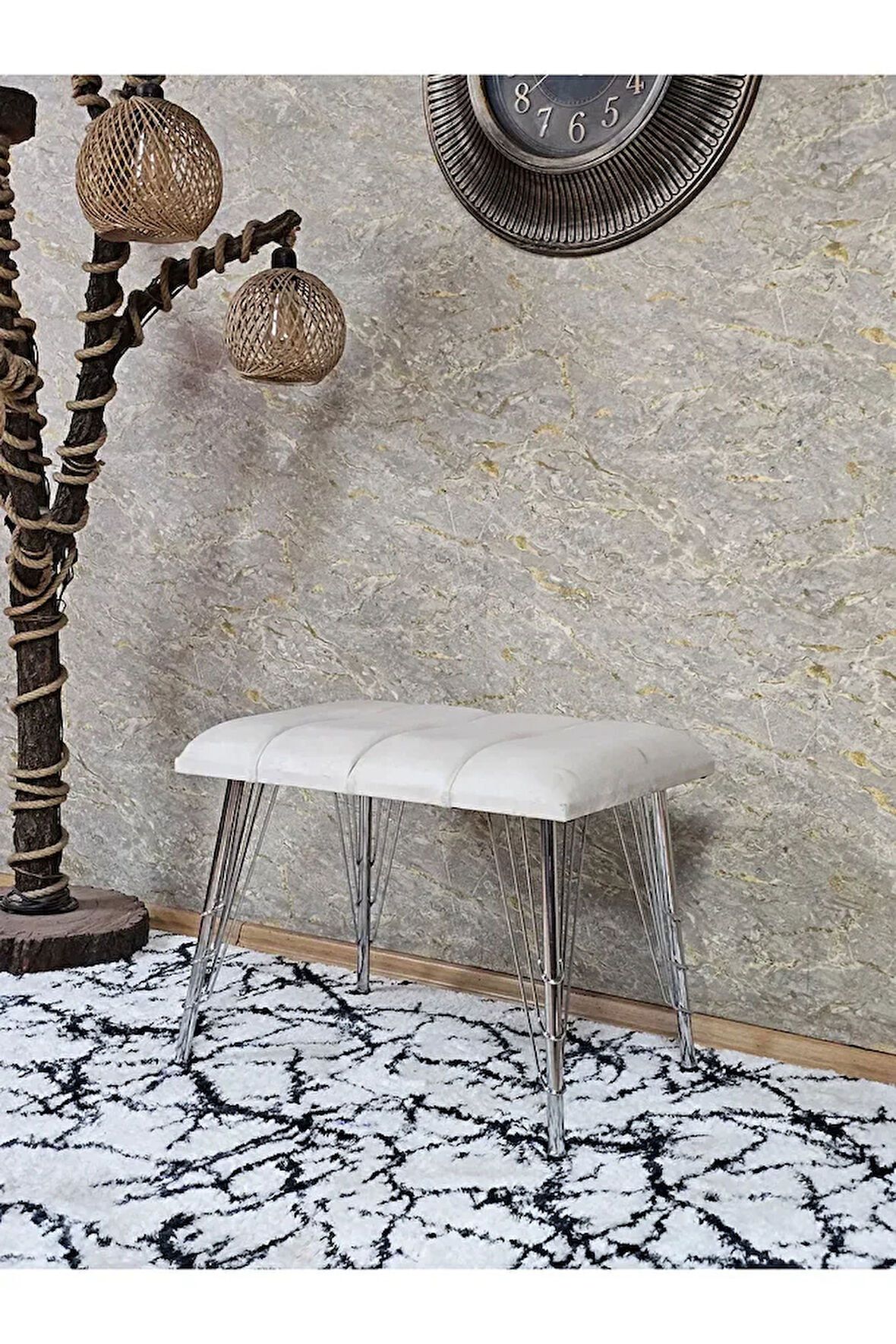 Metal Krom Tel Ayaklı 60 cm Puf Bench - Puf - Bench - Oturak - Mutfak Oturağı - Antre Oturağı Krem Renk 60 x 40 Boyut/Ebat