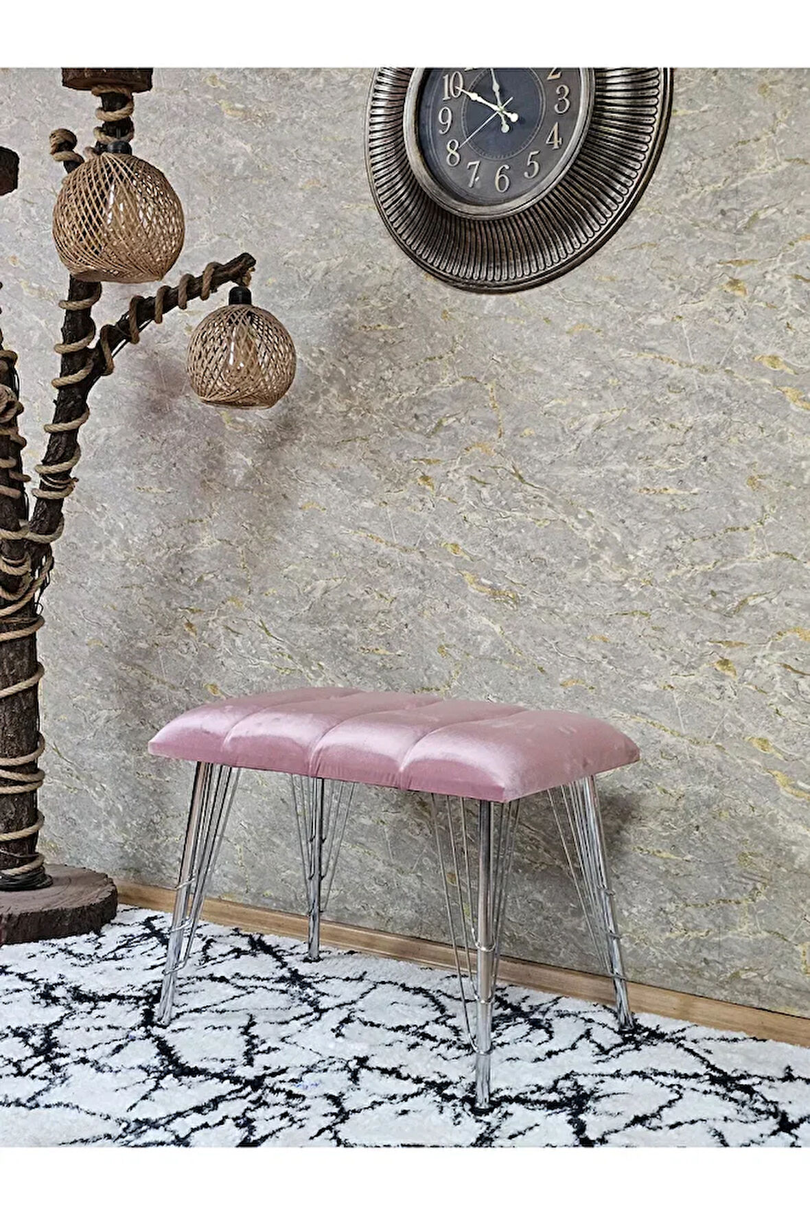 Metal Krom Tel Ayaklı 60 cm Puf Bench - Puf - Bench - Oturak - Mutfak Oturağı - Antre Oturağı Pembe Renk 60 x 40 Boyut/Ebat