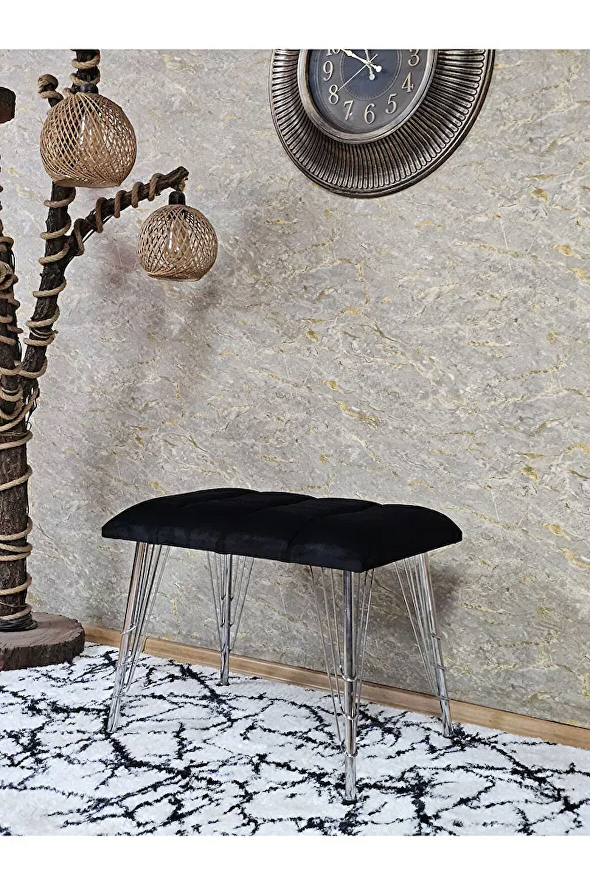 Metal Krom Tel Ayaklı 60 cm Puf Bench - Puf - Bench - Oturak - Mutfak Oturağı - Antre Oturağı Siyah Renk 60 x 40 Boyut/Ebat