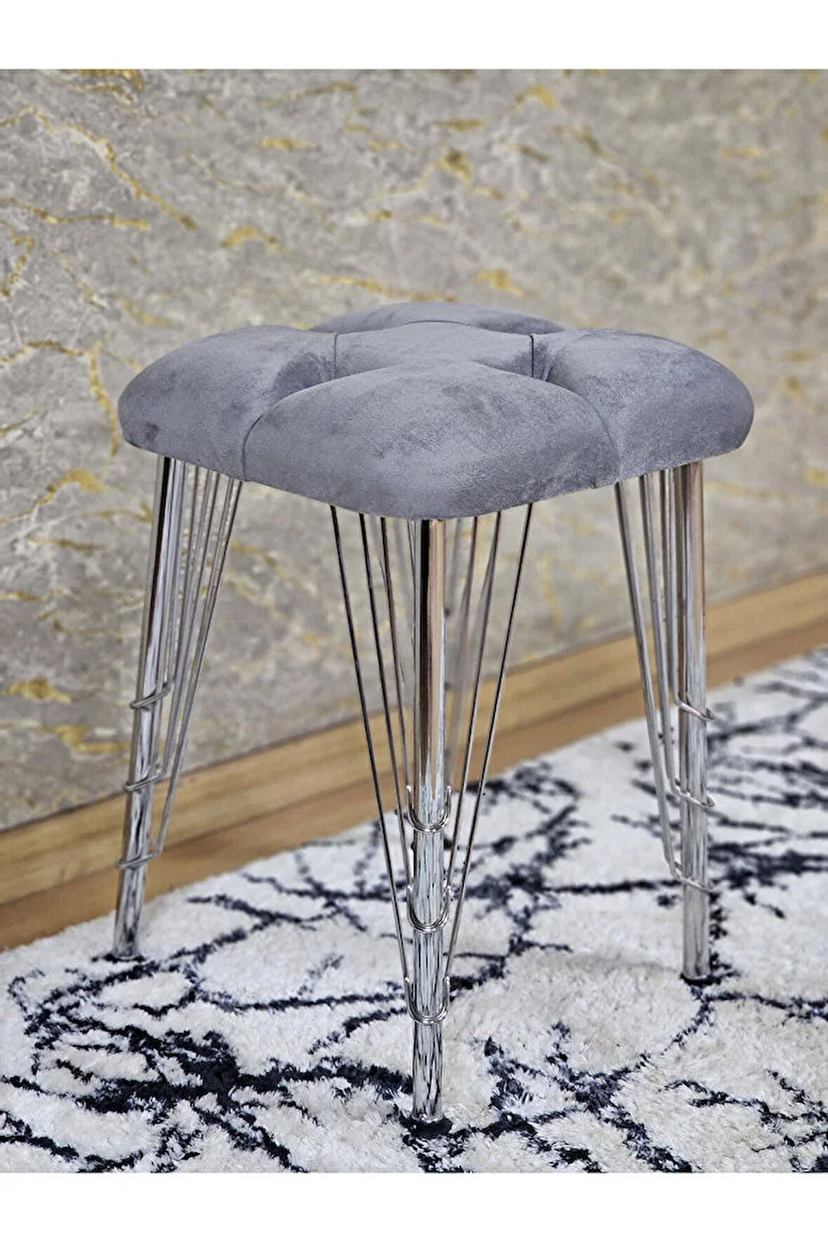 Kare Krom Kaplama Telli Ayaklı Tabure - Oturak - Bar Taburesi - Ayaklı Tabure Gri Renk 48 x 33 Boyut/Ebat