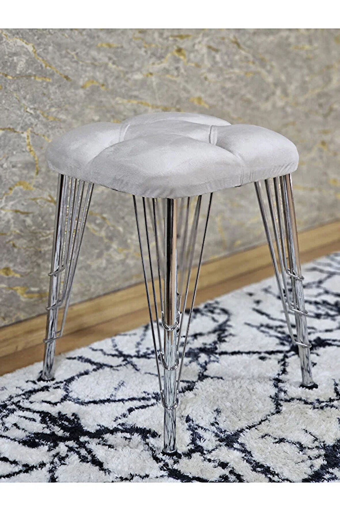 Kare Krom Kaplama Telli Ayaklı Tabure - Oturak - Bar Taburesi - Ayaklı Tabure Krem Renk 48 x 33 Boyut/Ebat