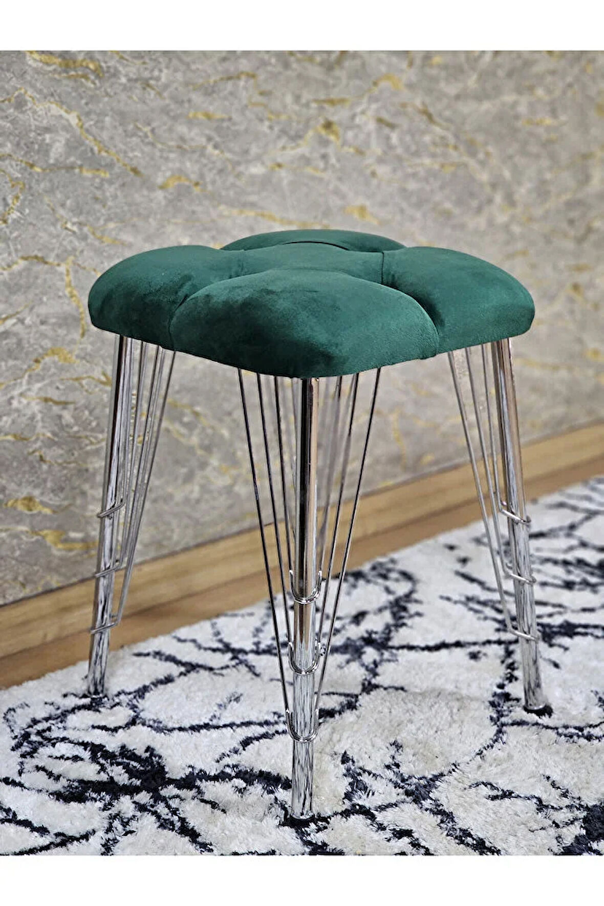 Kare Krom Kaplama Telli Ayaklı Tabure - Oturak - Bar Taburesi - Ayaklı Tabure Yeşil Renk 48 x 33 Boyut/Ebat