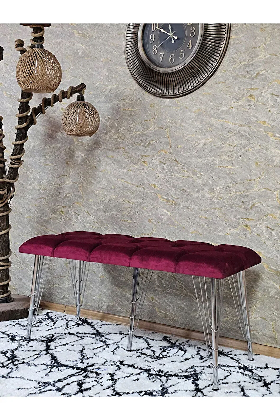 Metal Krom Tel Ayaklı 100 cm Puf Bench - Puf - Bench - Oturak - Mutfak Oturağı - Antre Oturağı Bordo Renk 100 x 40 Boyut/Ebat