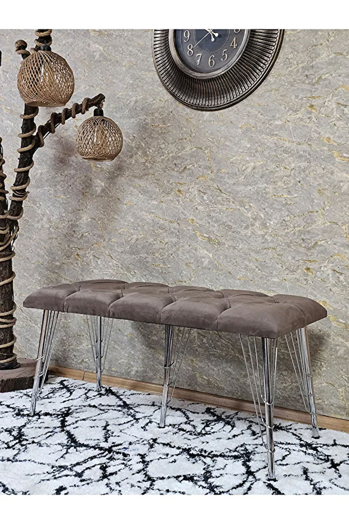 Metal Krom Tel Ayaklı 100 cm Puf Bench - Puf - Bench - Oturak - Mutfak Oturağı - Antre Oturağı Kahverengi Renk 100 x 40 Boyut/Ebat