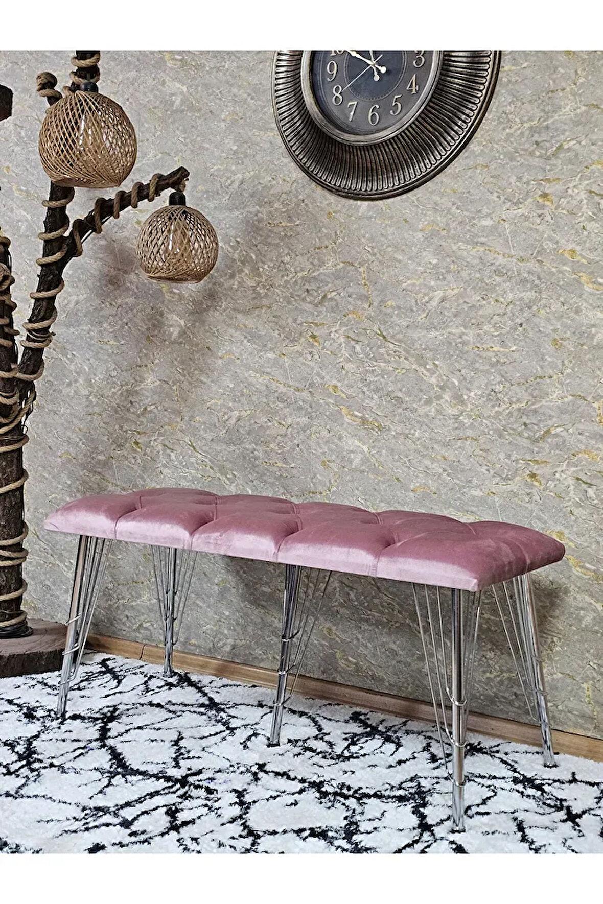 Metal Krom Tel Ayaklı 100 cm Puf Bench - Puf - Bench - Oturak - Mutfak Oturağı - Antre Oturağı Pembe Renk 100 x 40 Boyut/Ebat