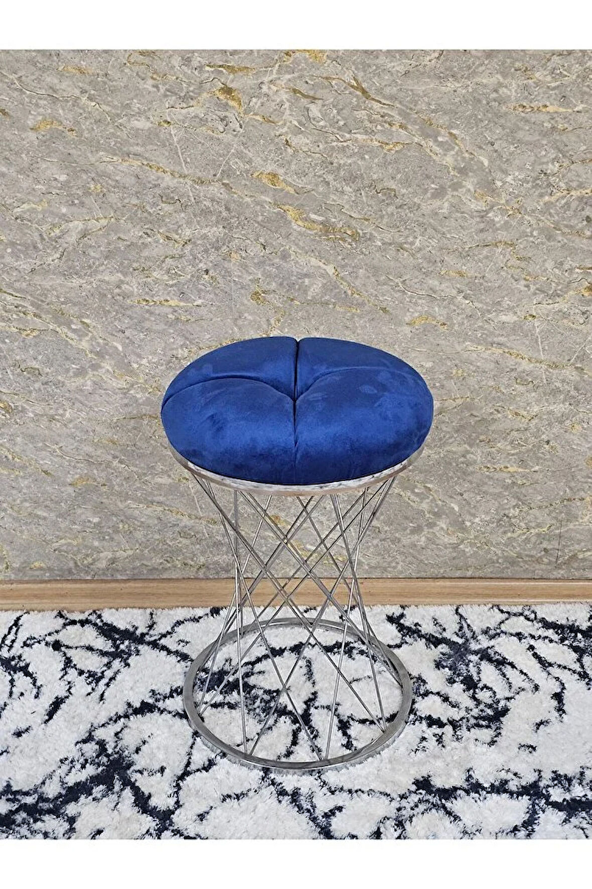 Yuvarlak Krom Kaplama Puf Oturak - Bench - Ayak Ucu Oturak - Tabure - Makyaj Oturak Mavi Renk Yuvarlak Boyut/Ebat