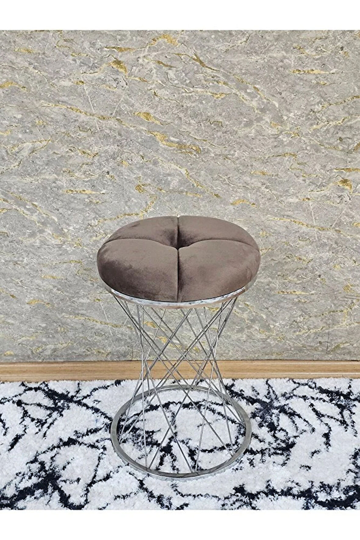 Yuvarlak Krom Kaplama Puf Oturak - Bench - Ayak Ucu Oturak - Tabure - Makyaj Oturak Kahverengi Renk Yuvarlak Boyut/Ebat