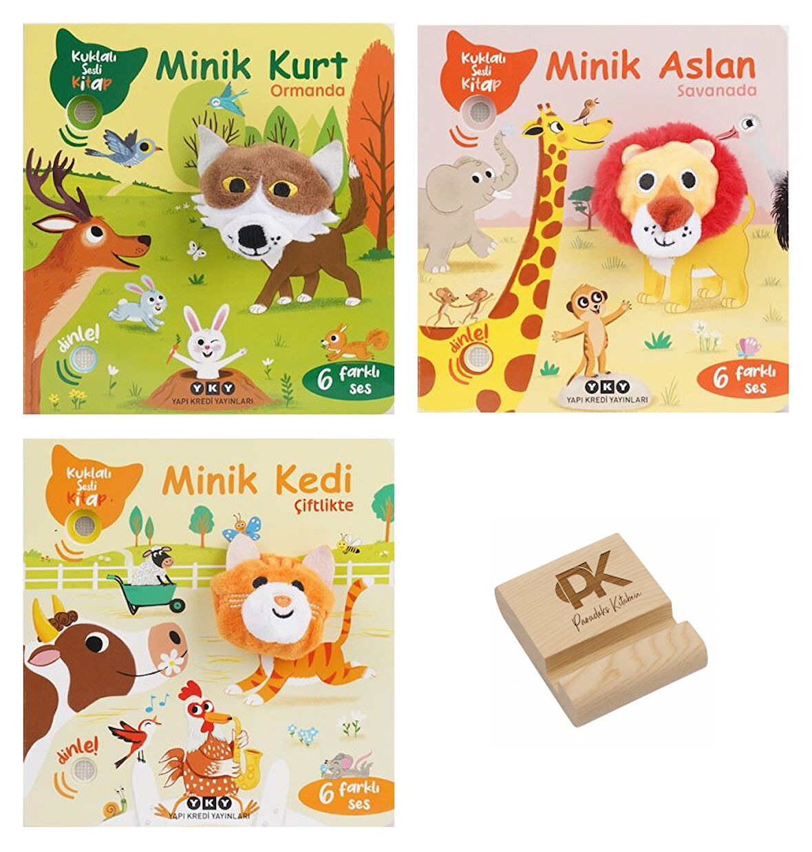 Yapı Kredi Kuklalı ve Sesli Kitaplar Minik Kurt Aslan ve Kedi 6 Farklı Ses 3lü Set +Telefon Standı  
