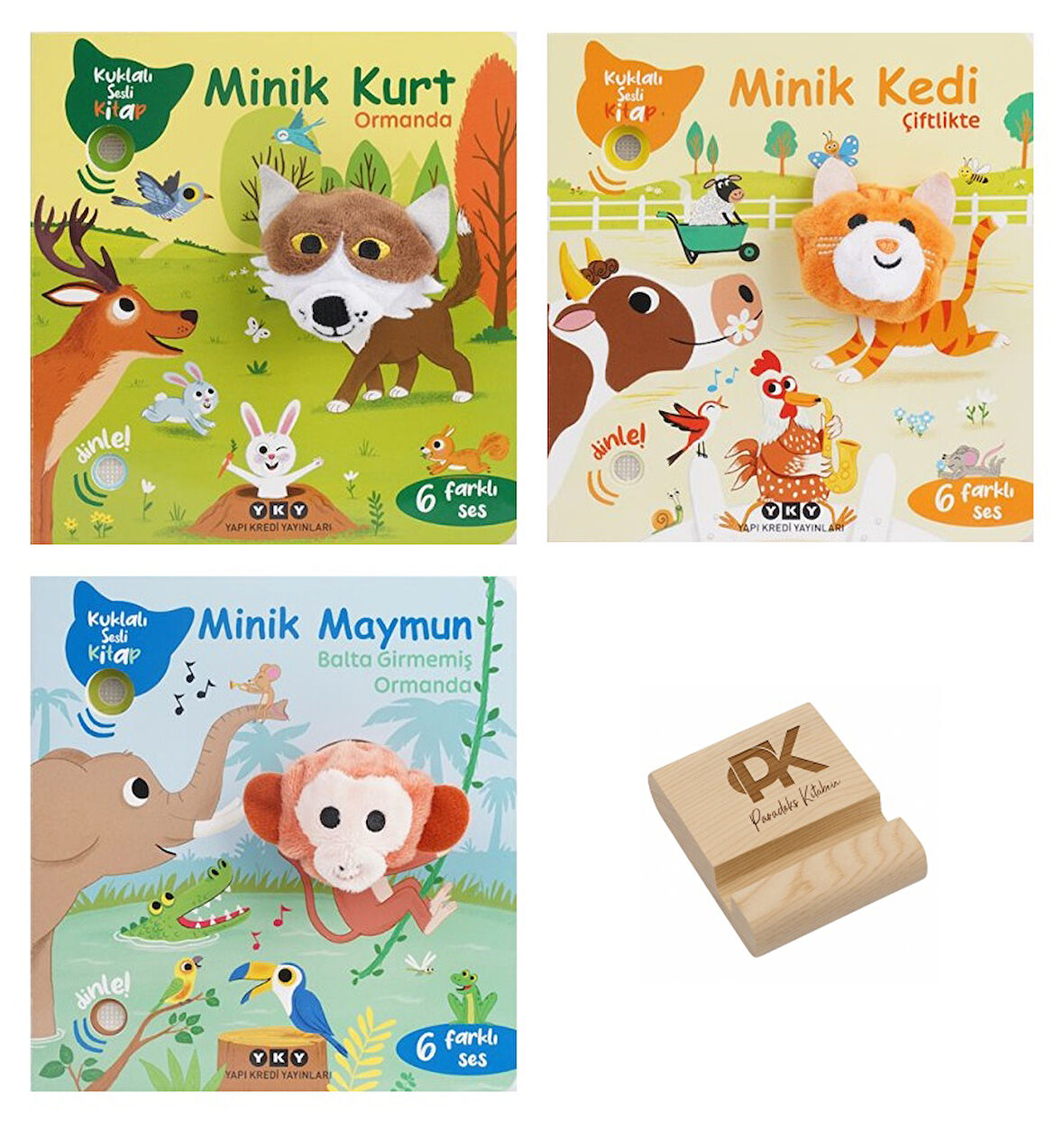 Yapı Kredi Kuklalı Sesli Kitap Minik Kurt Kedi ve Maymun 6 Farklı Ses 3lü Set + Telefon Standı