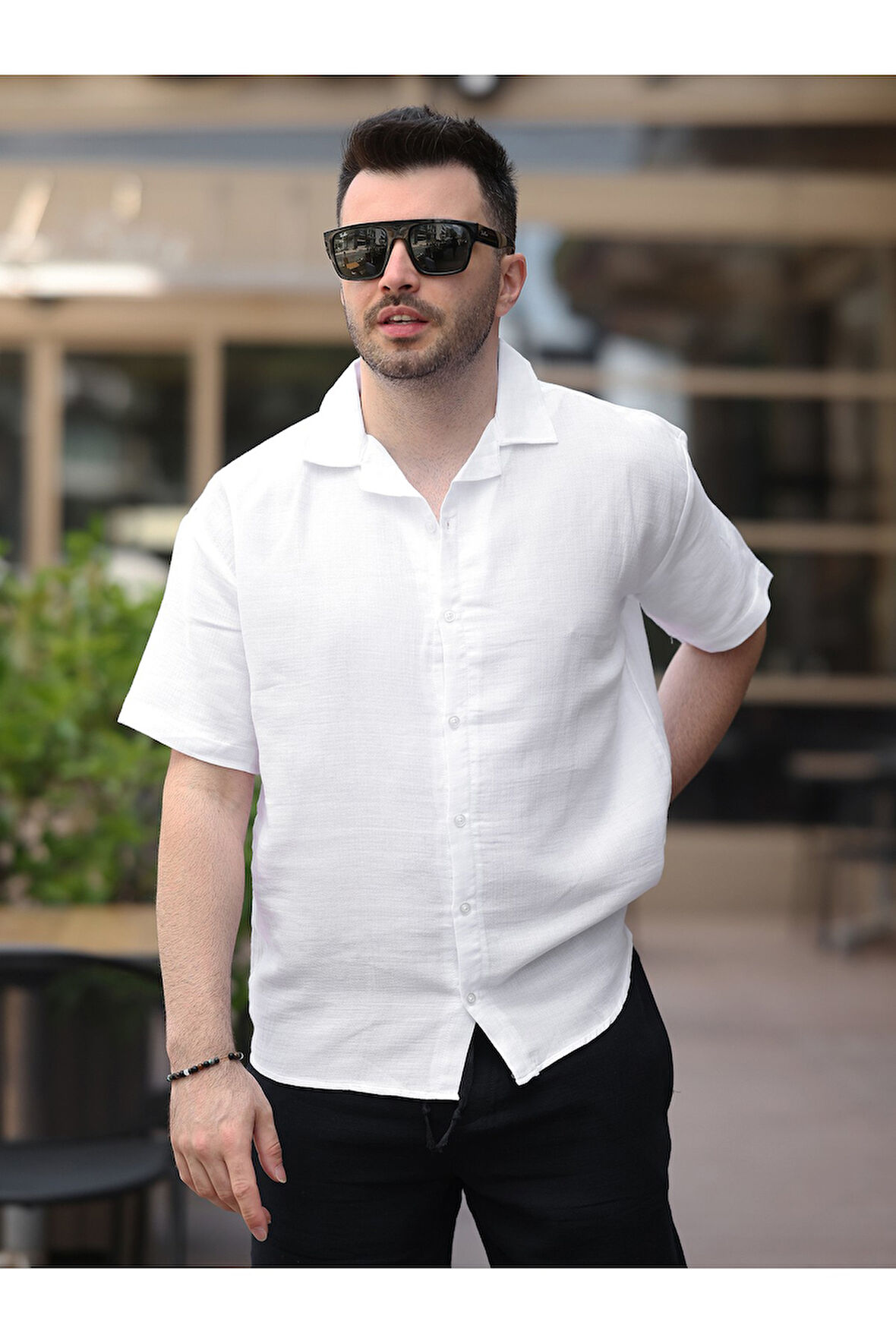 Erkek Relax Fit Kısa Kollu Keten Gömlek