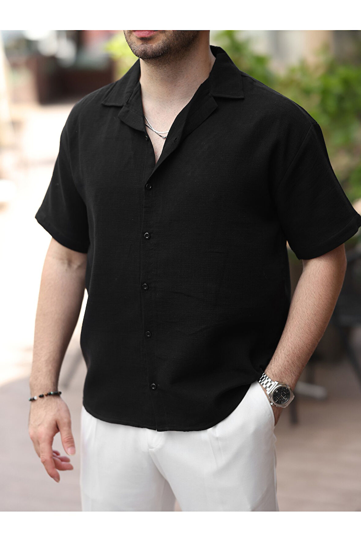 Erkek Relax Fit Kısa Kollu Keten Gömlek