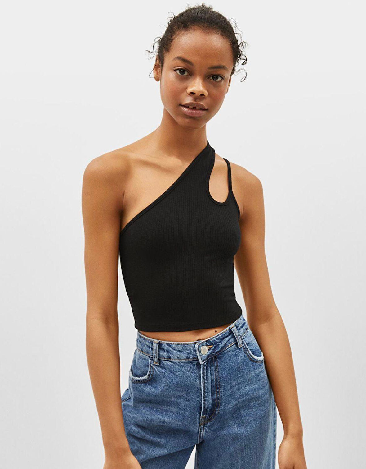 Kadın Siyah Tek Omuz Detay Crop