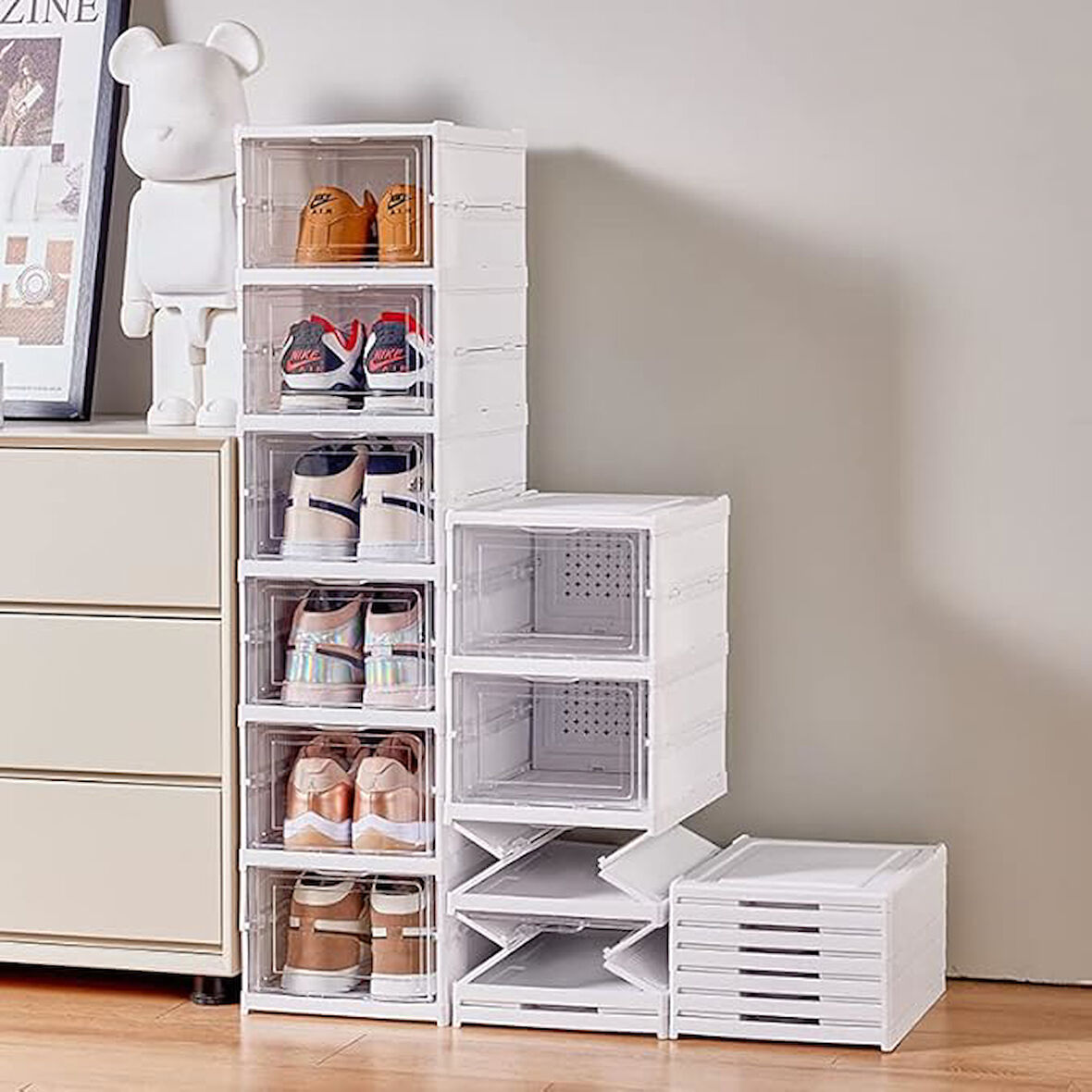 6 Katlı Kapaklı Katlanabilir Plastik Şeffaf Ayakkabı Dolabı