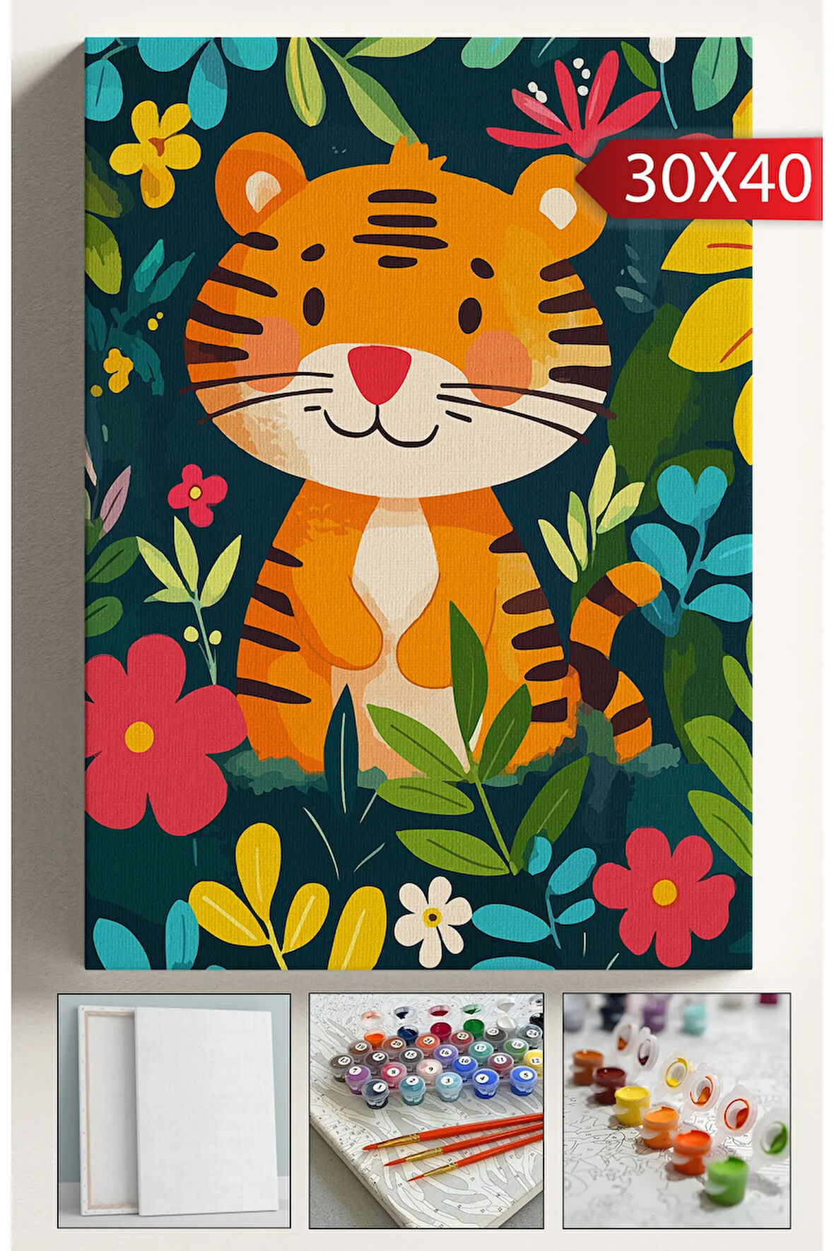 Sayılarla Boyama Çerçeveli Hobi Seti Numaralı Tuval Fırça Boya Dahil Kasnaklı 30X40 Cm Küçük Kedi