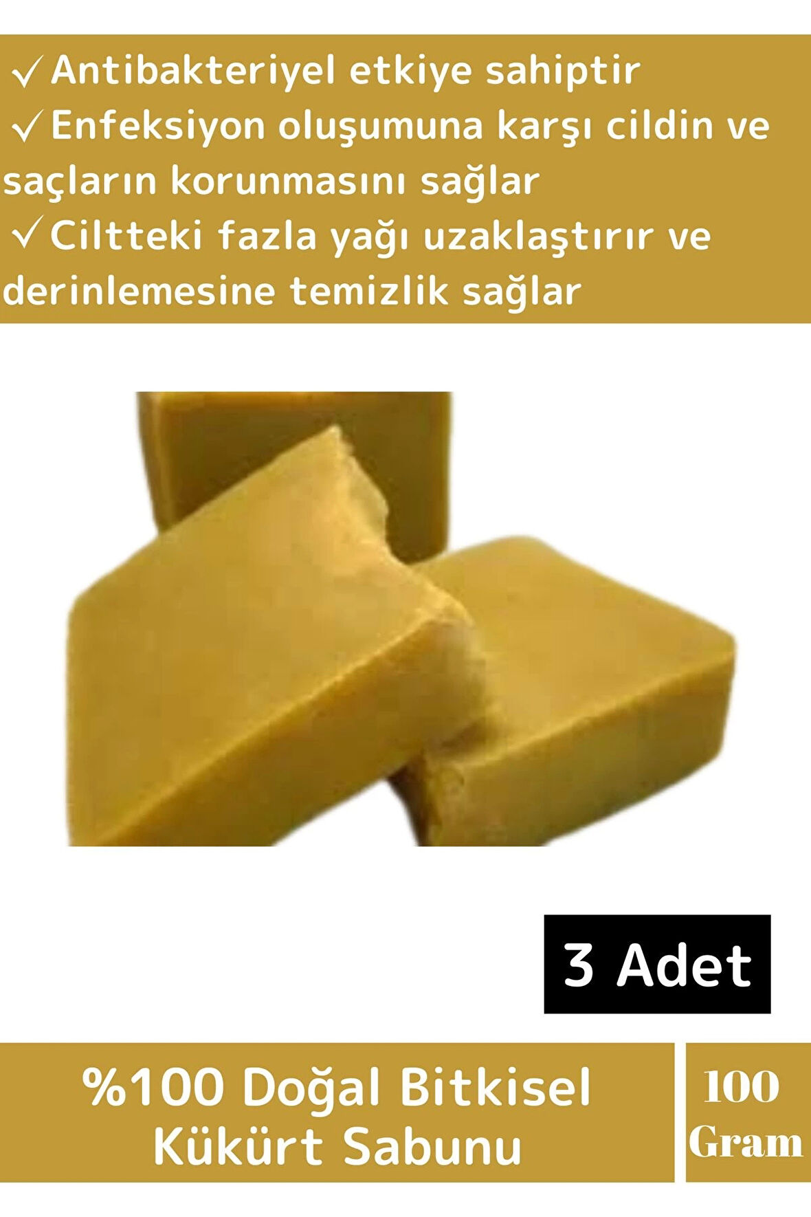 Doğal %100 Saf Özel Üretim Saç Cilt Vücut Kullanım Temizleyici Etkili Kükürt Sabunu 3 Adet