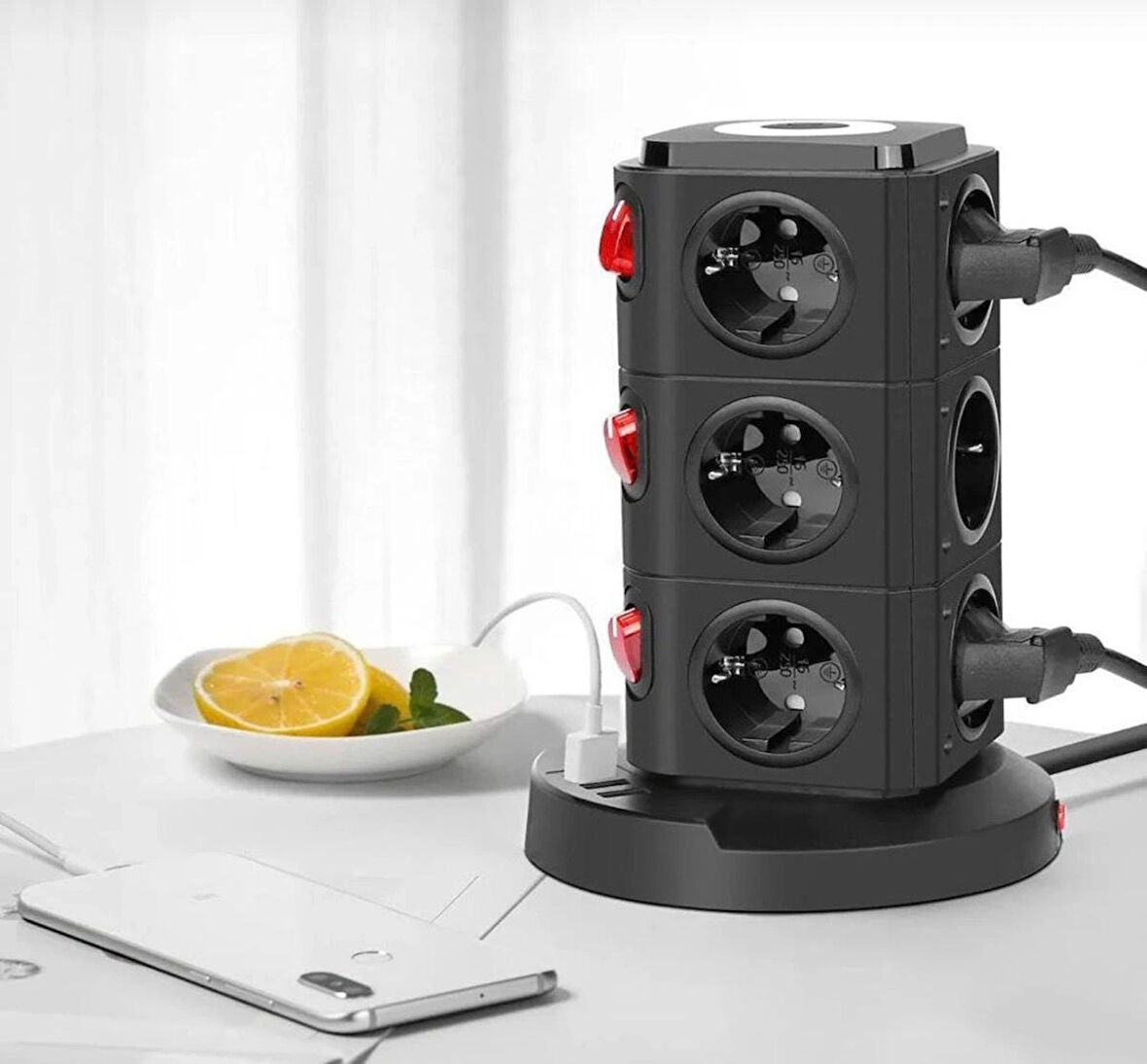 Dikey Kule Tipi Akım Korumalı Priz – 10’lu Çoklu Priz, USB Girişli, Anahtarlı, Masa Üstü Düzenleyici