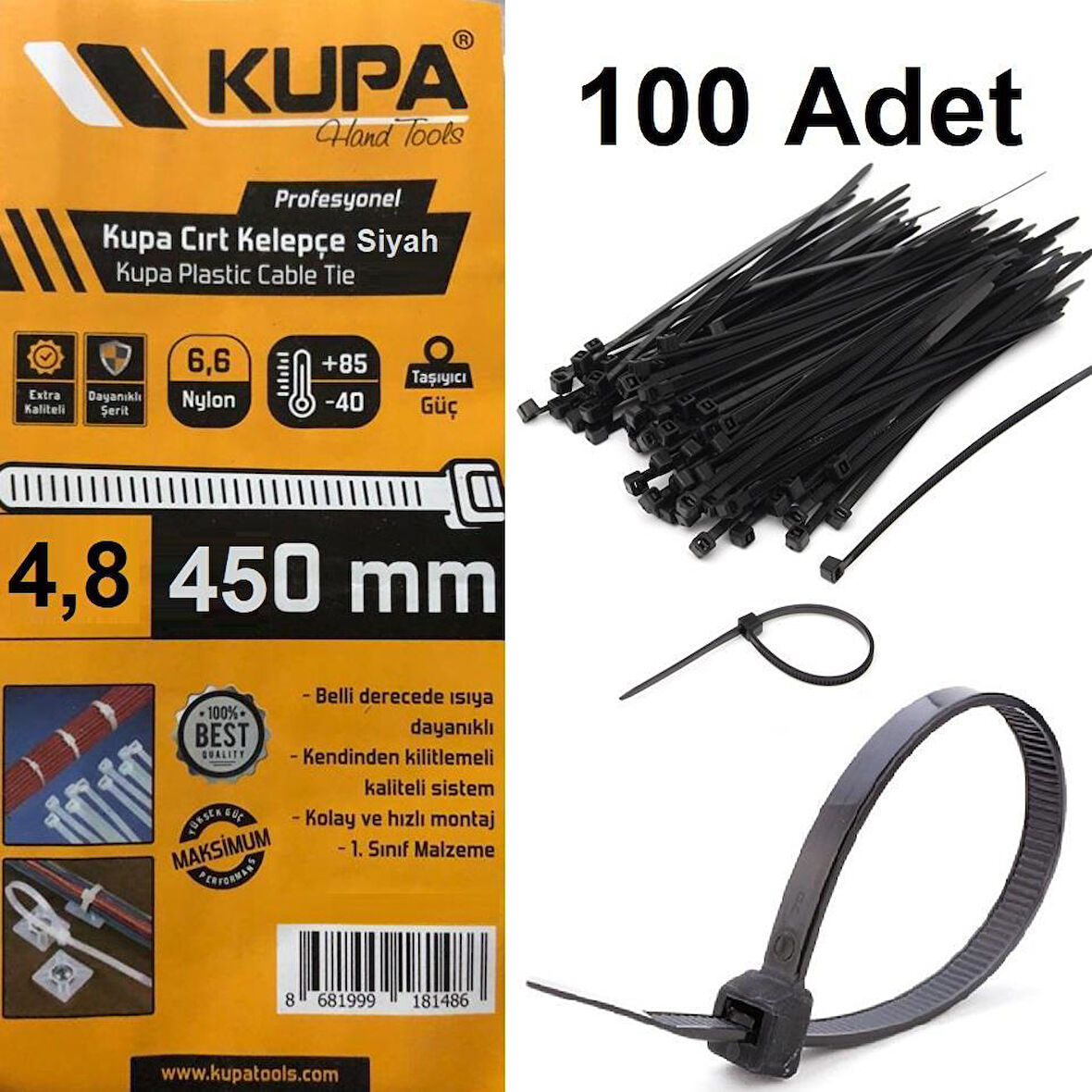 Kupa Plastik Cırt Kelepçe Siyah 4.8 x 450 mm. - 100 Adet