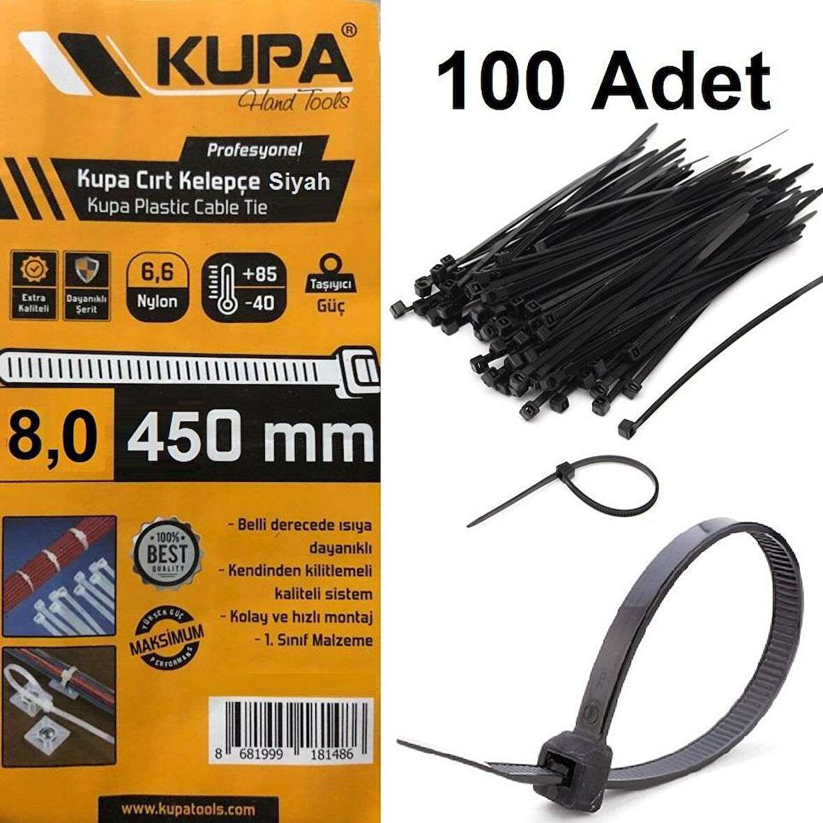 Kupa Plastik Cırt Kelepçe Siyah 8.0 x 450 mm. - 100 Adet