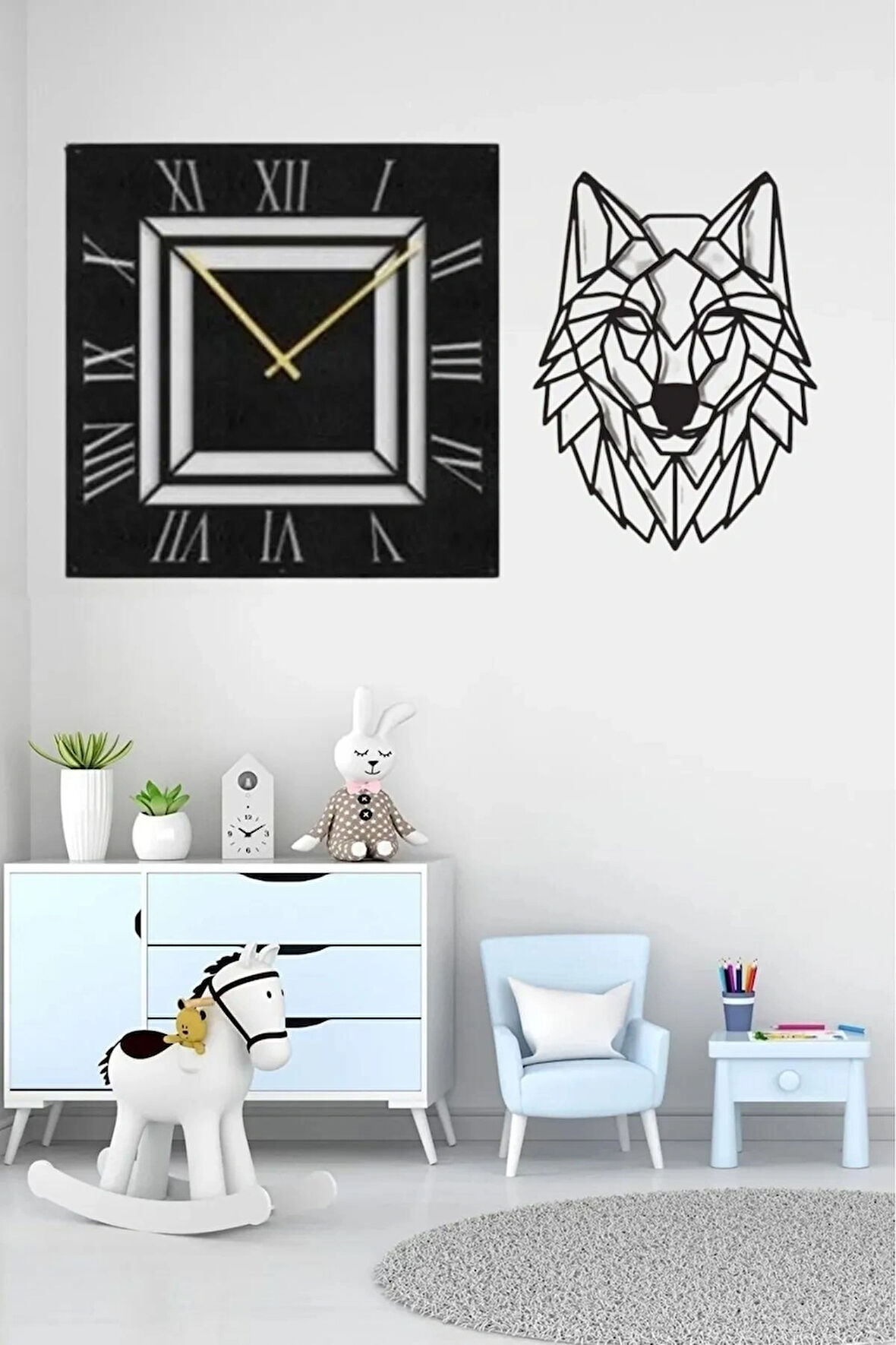 Dİkdörtgen ve Roma Rakamlı dekor saat+Kurt 