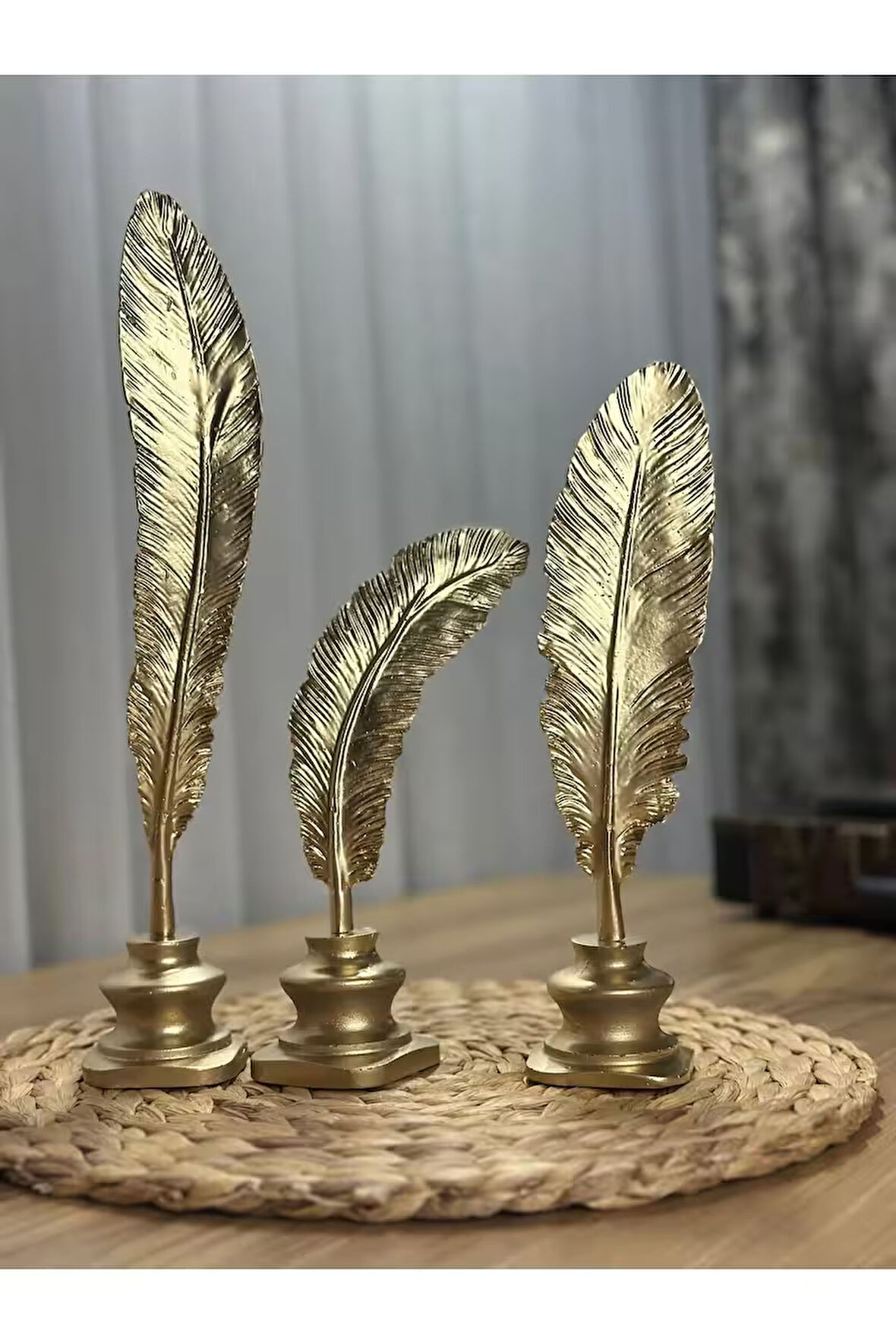 3'lü Mermerit Kuş Tüyü Gold Dekoratif Obje Seti