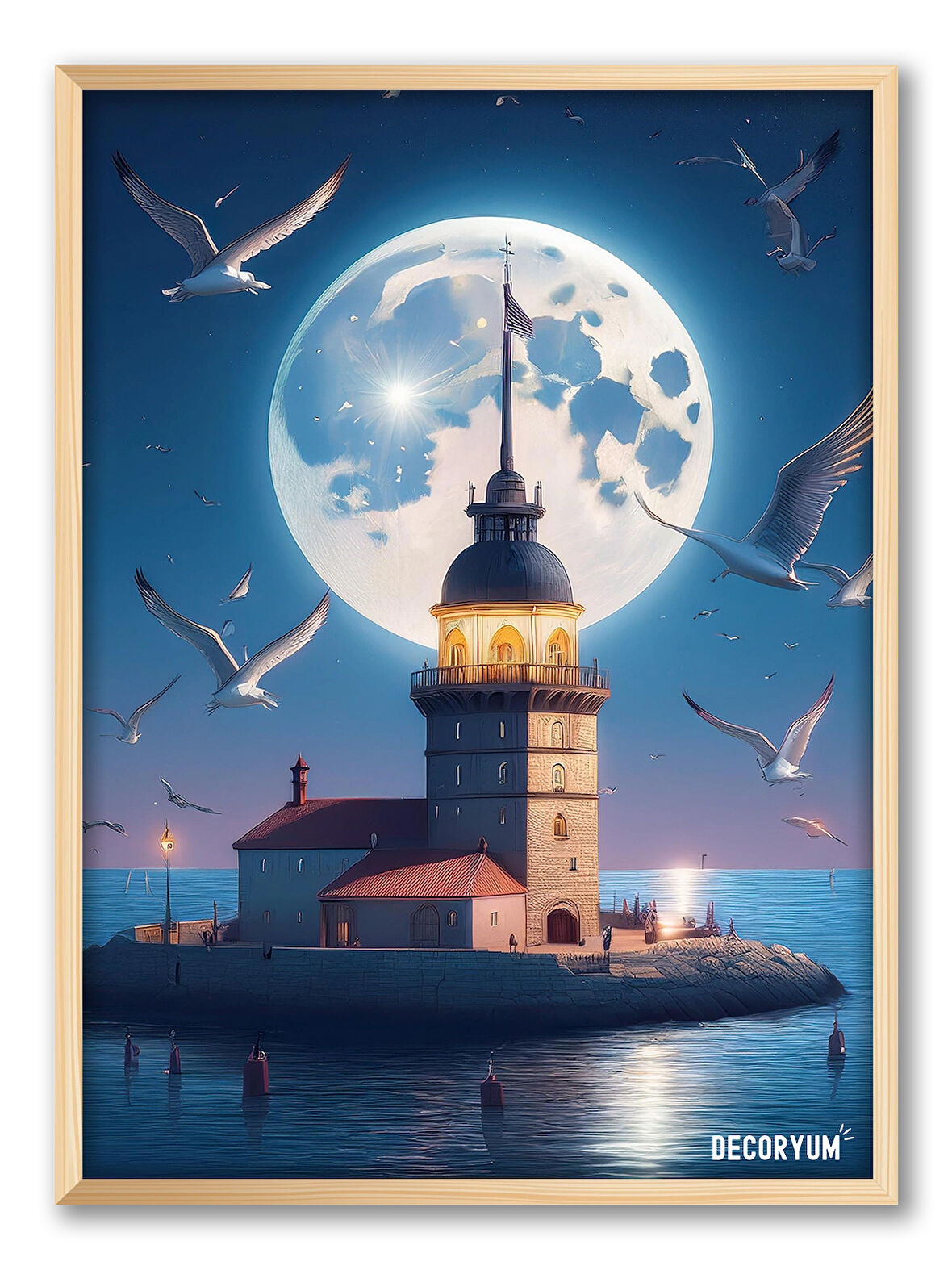 Kız Kulesi ve Martılar Çerçeveli Tablo Ahşap