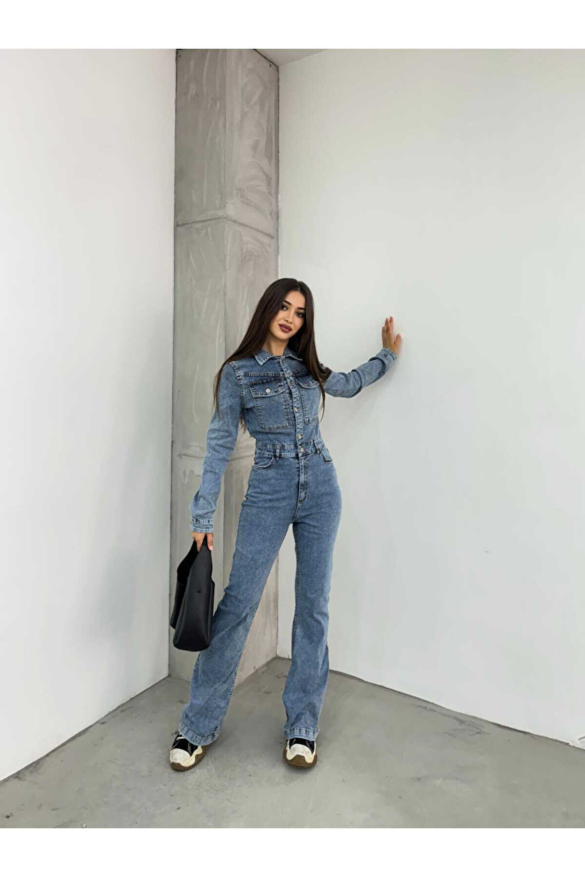 Kadın Mavi Ispanyol Paça Ceketli Denim Tulum