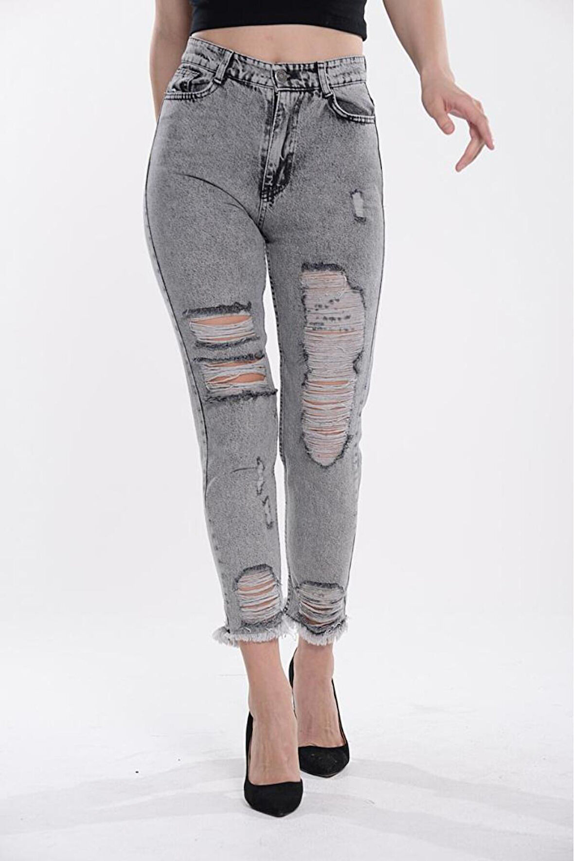 KADIN BACAK LAZER YIRTIK KAR SİYAH MOM JEANS