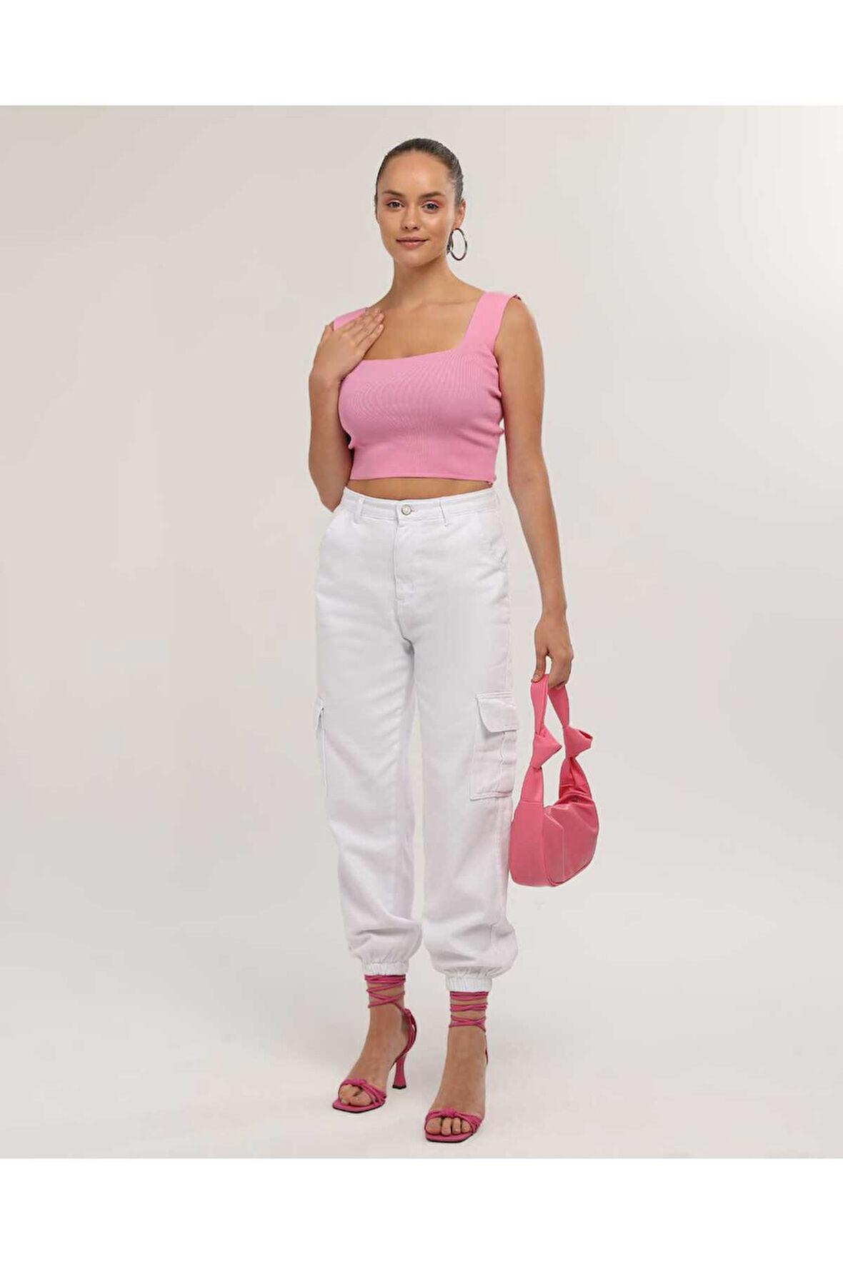 KADIN KAHVE PAÇA LASTİKLİ  KETEN KARGO PANTOLON