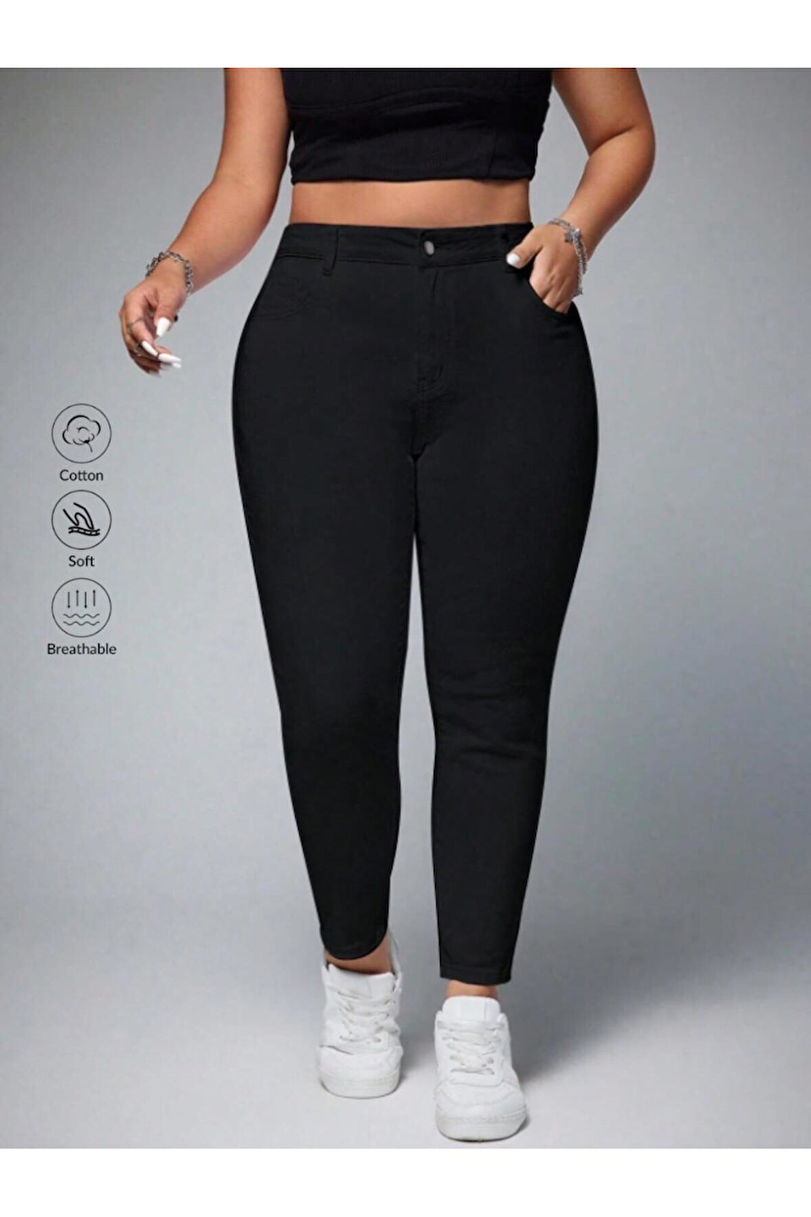 YÜKSEK BEL ARA BEDEN SİYAH KETEN DAR PAÇA KETEN PANTOLON