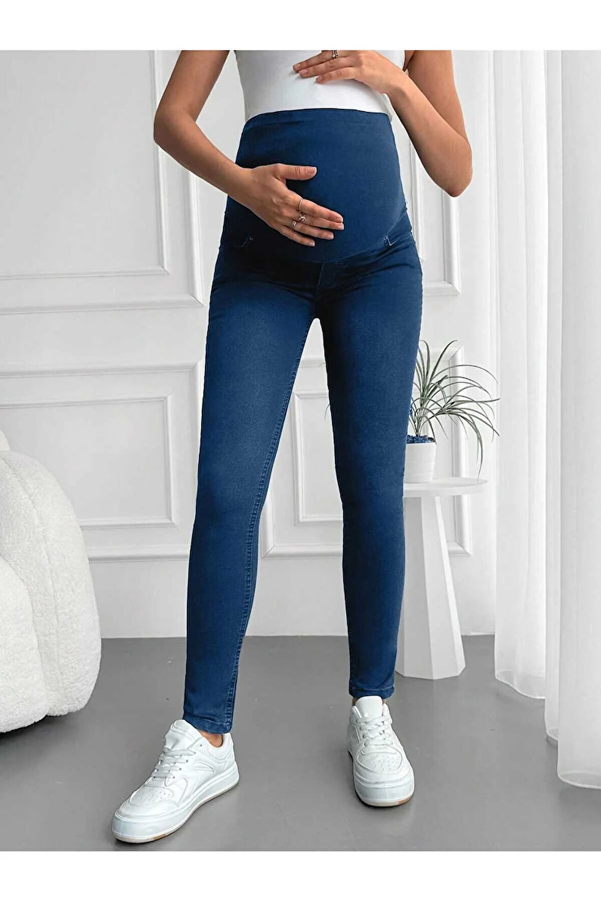KADIN MAVİ HAMİLE ESNEK KARIN BANTLI DAR PAÇA KOT PANTOLON