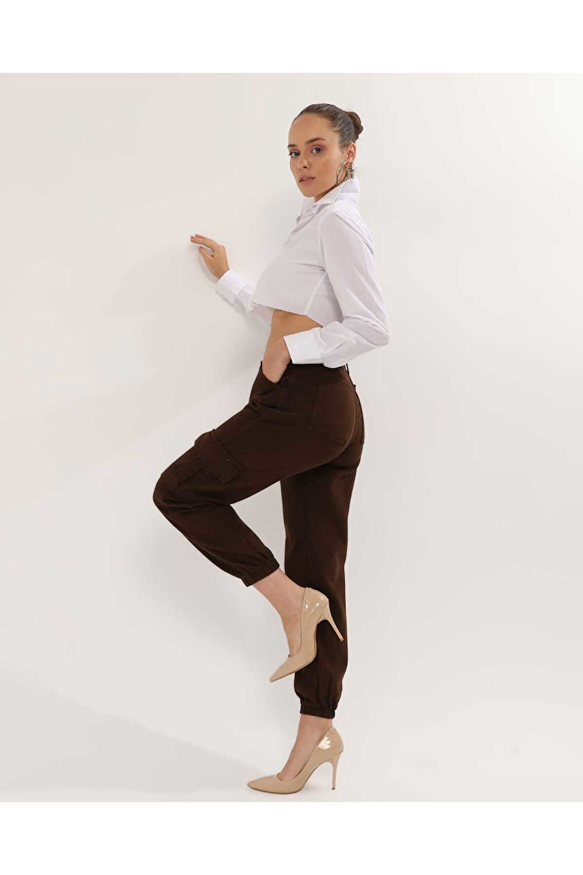 KADIN KAHVE PAÇA LASTİKLİ  KETEN KARGO PANTOLON