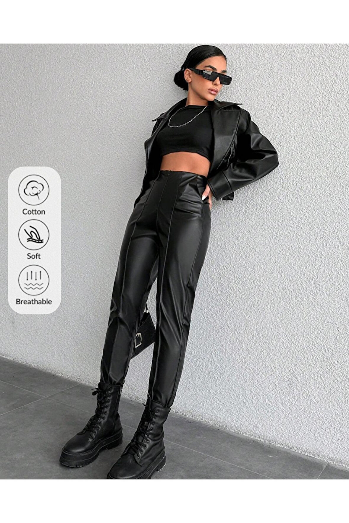 KADIN SİYAH DAR PAÇA DERİ PANTOLON