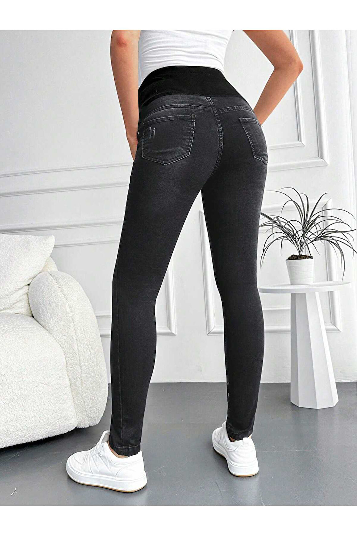 KADIN FÜME HAMİLE ESNEK  KARIN BANTLI TIRNAKLI DAR PAÇA  JEANS PANTOLON