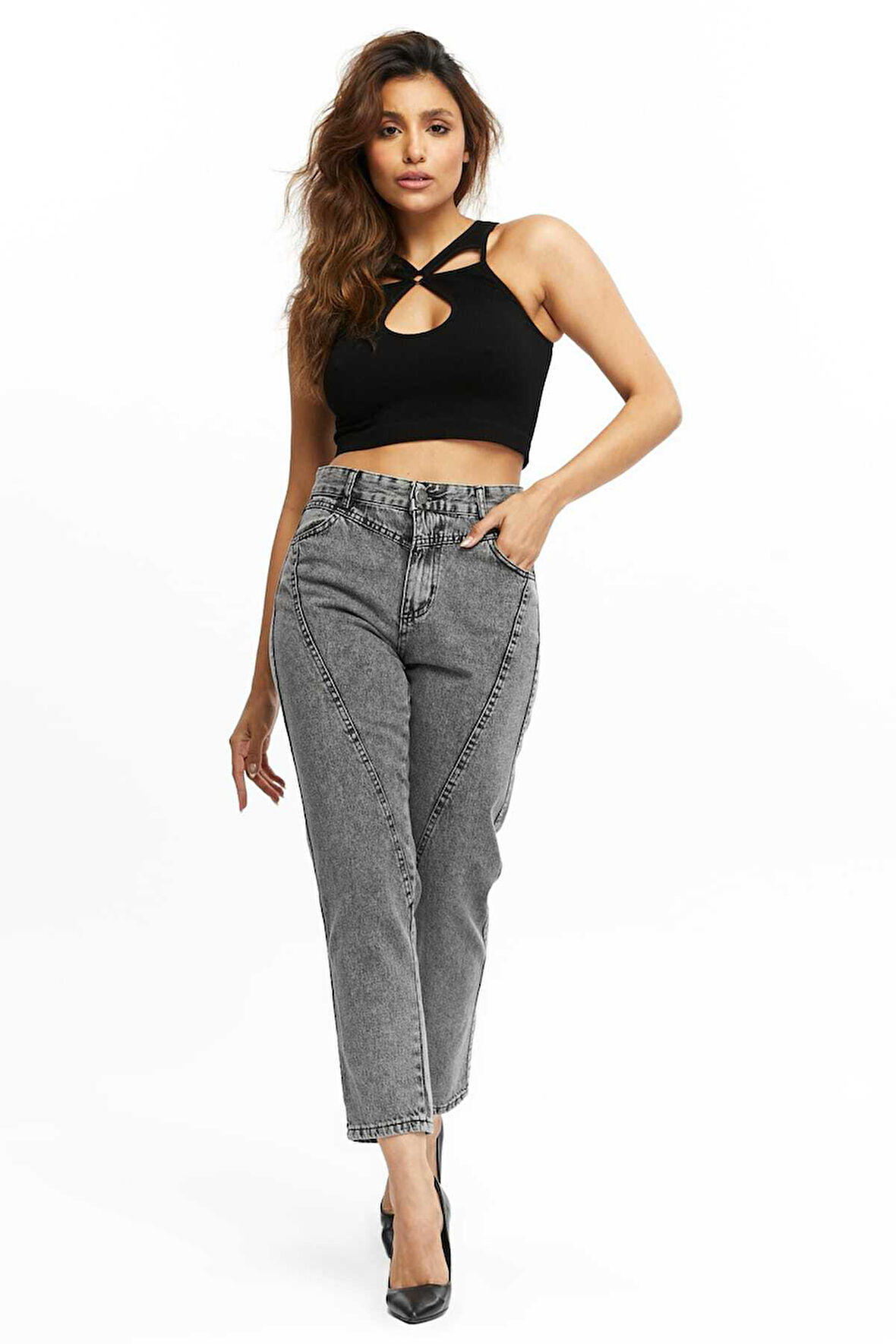 Kadın  Ön Conta Parcalı Mom Jeans Pantolon