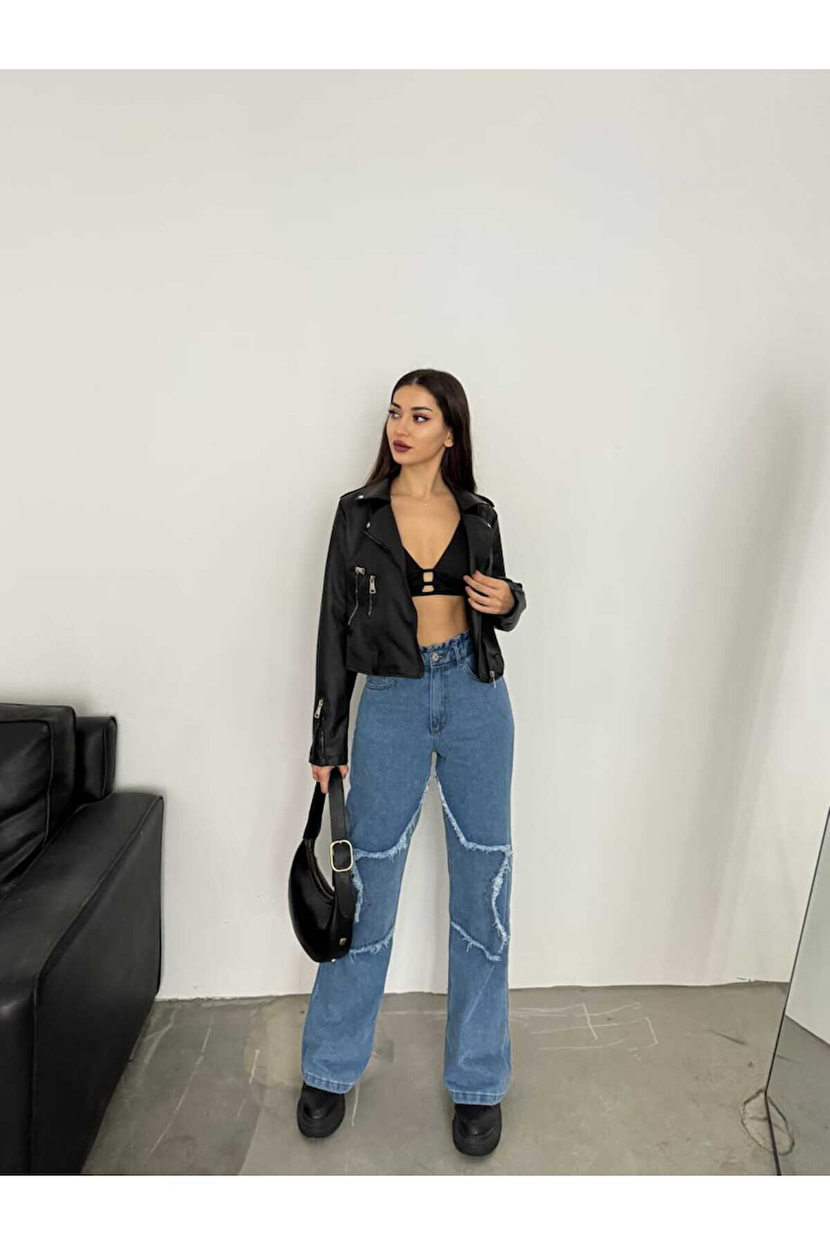 KADIN FÜME BACAK YILDIZLI BOL PAÇA KOT JEANS PANTOLON