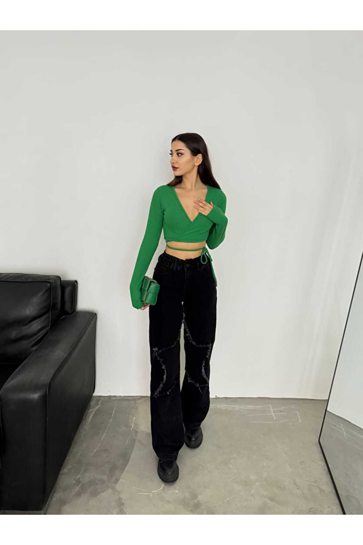 KADIN FÜME BACAK YILDIZLI BOL PAÇA KOT JEANS PANTOLON