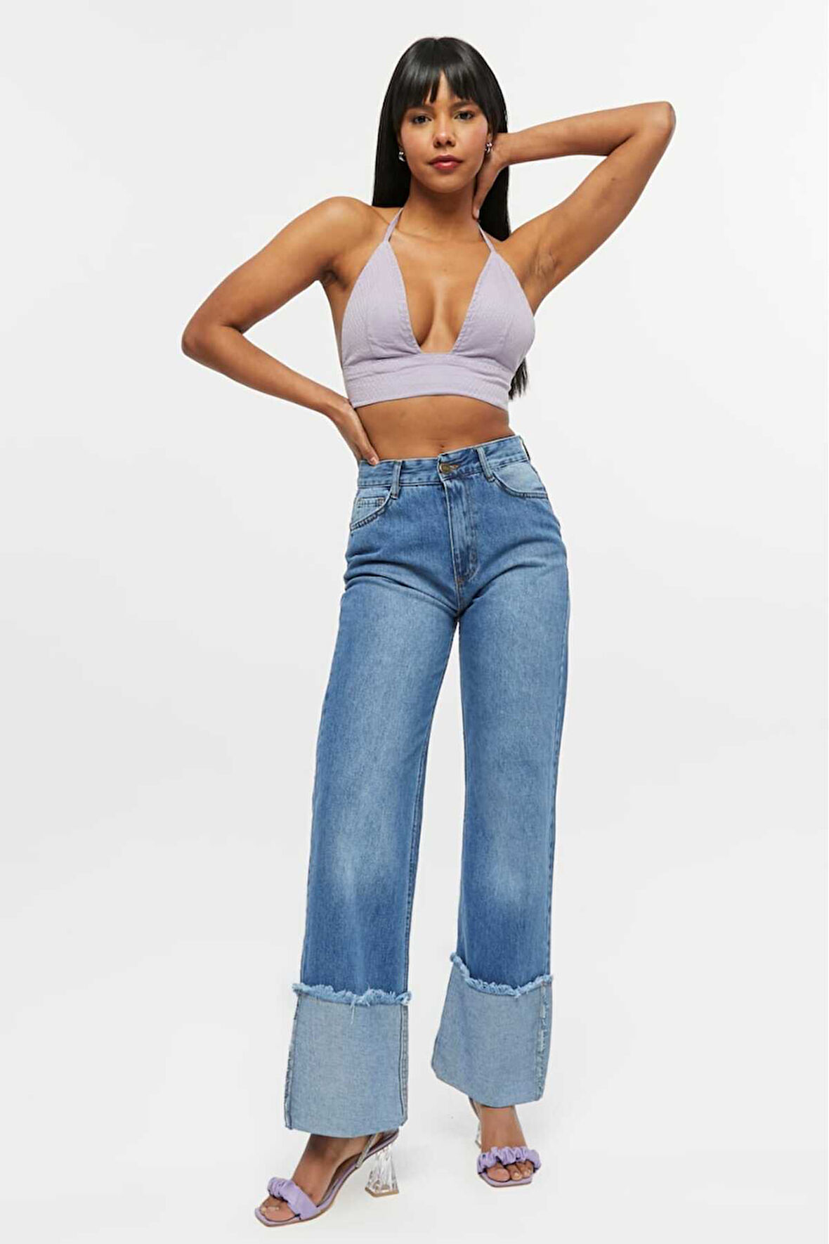 KADIN  SİYAH İŞLEMLİ TERS PAÇA PÜSKÜL  BOL PAÇA KOT  JEANS PANTOLON