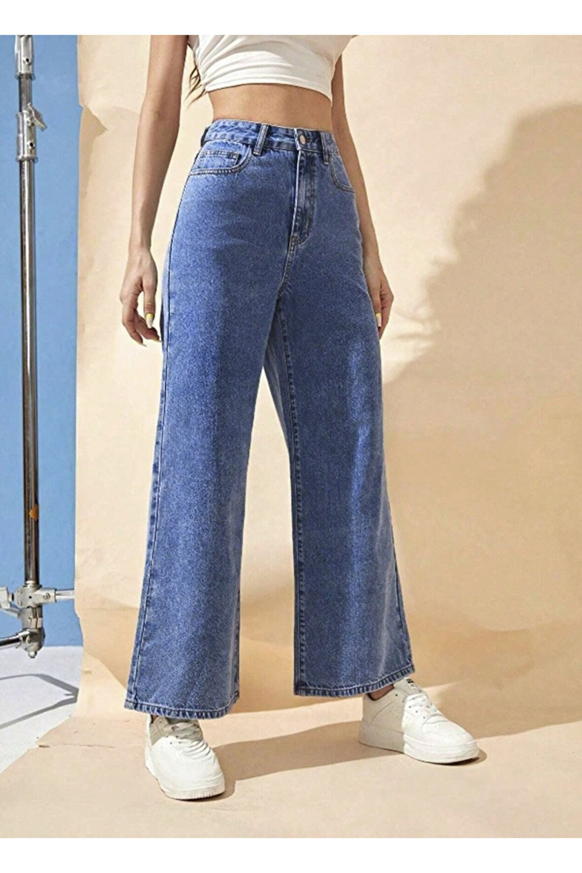 KADIN YÜKSEK BEL MAVİ BİLEK BOY BOL PAÇA JEANS PANTOLON