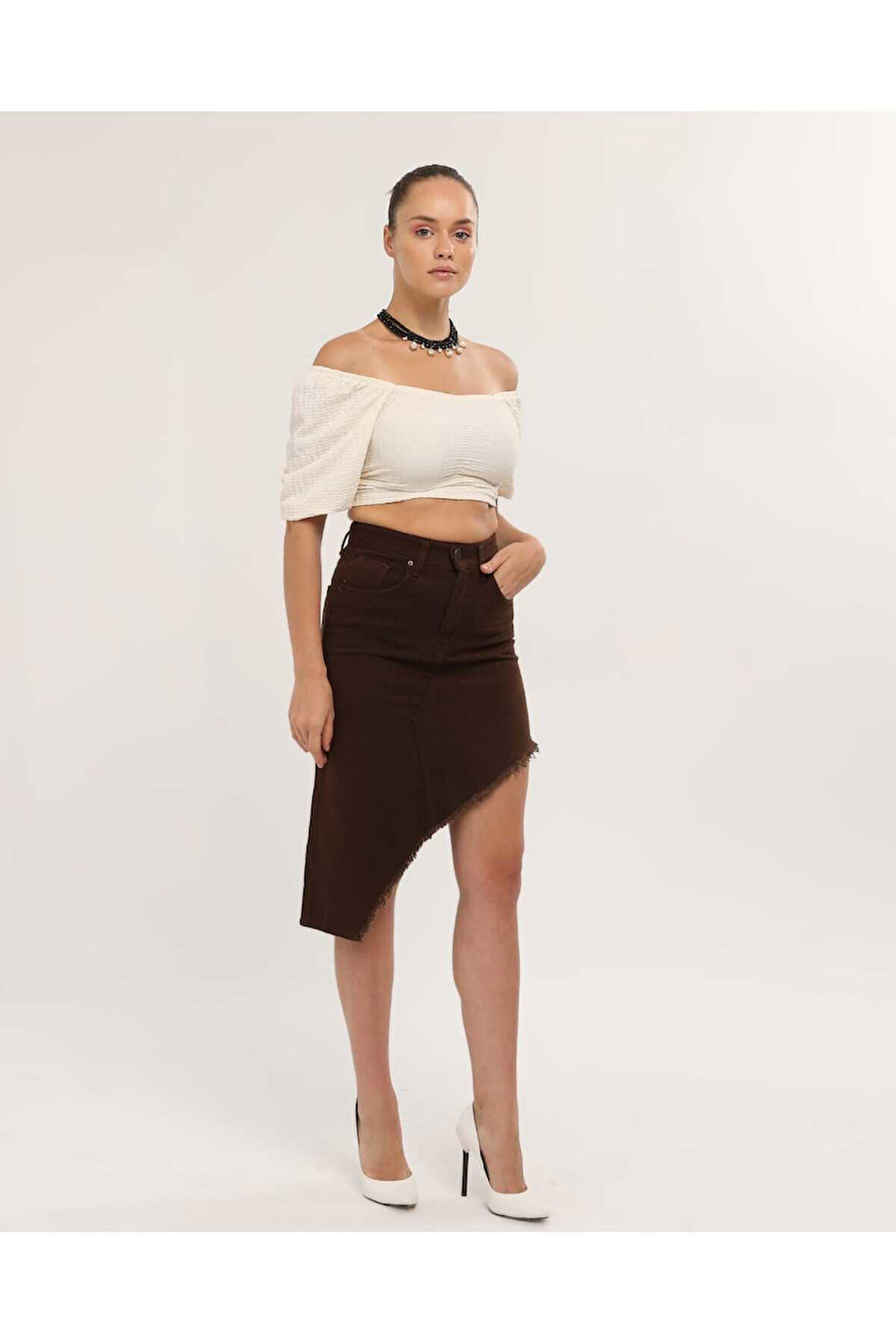 KADIN KAHVERENGİ ETEK PÜSKÜL ASİMETRİK KESİM KETEN ETEK