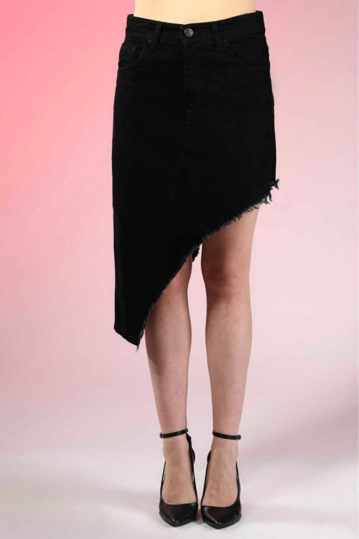 KADIN SİYAH ETEK PÜSKÜL ASİMETRİK KESİM KETEN ETEK