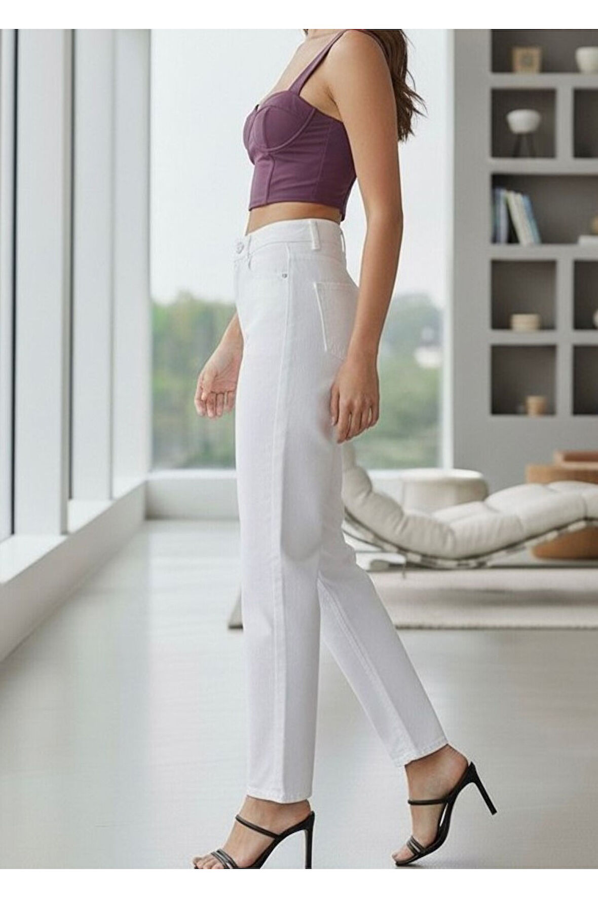 KADIN YÜKSEK BEL BEYAZ KETEN BOYFRİEND MOM PANTOLON