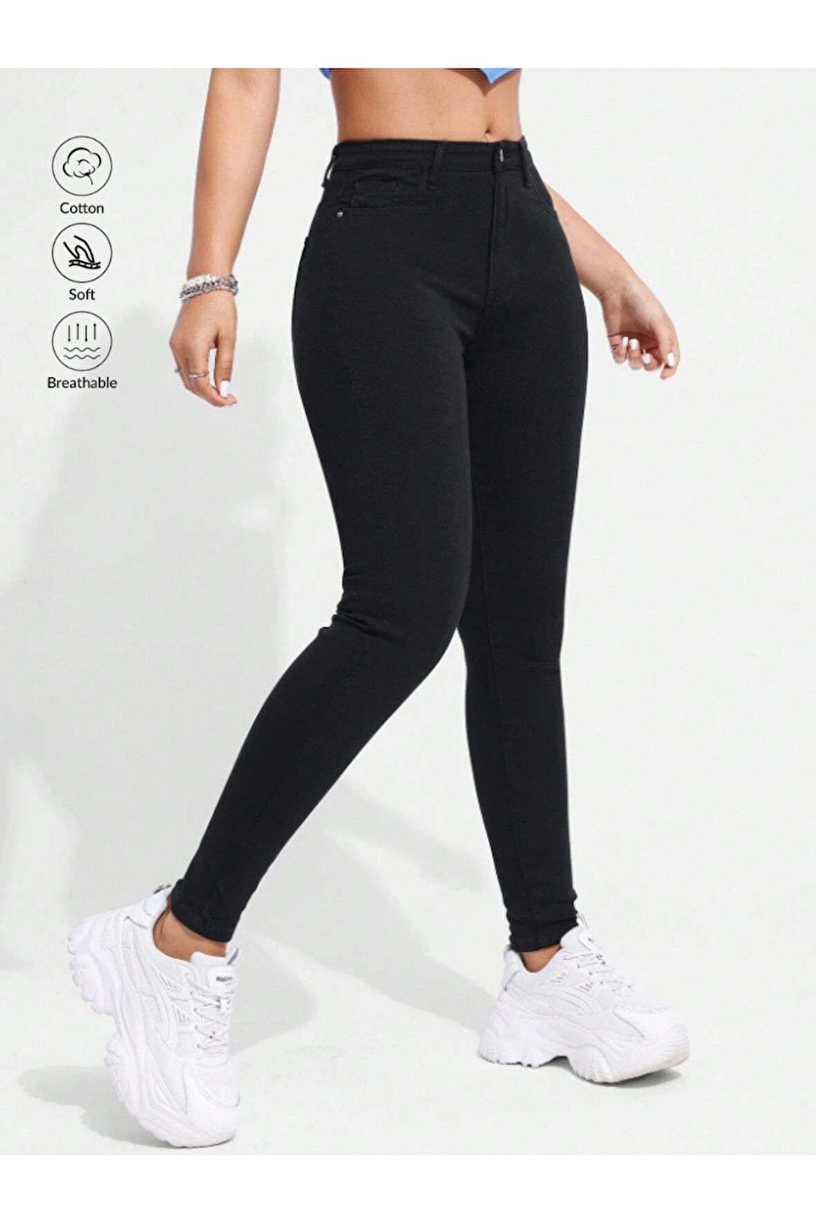 KADIN SİYAH YÜKSEK BEL KETEN LİKRALI DAR PAÇA PANTOLON