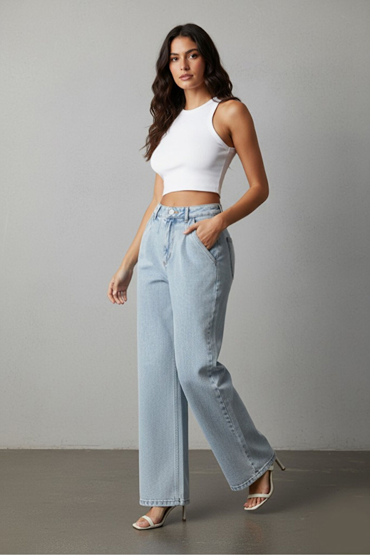 KADIN MAVİ ÖN ARKA PENSLİ BOL PAÇA KOT PANTOLON