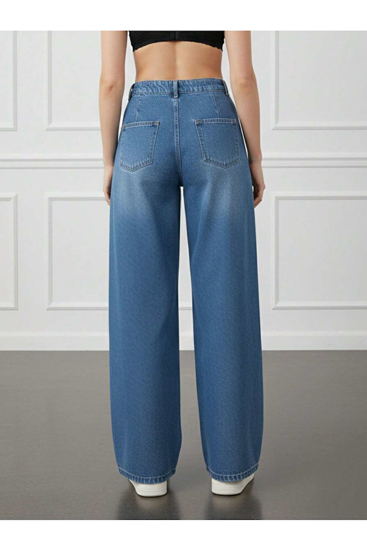 KADIN MAVİ ÖN ARKA PENSLİ BOL PAÇA KOT PANTOLON