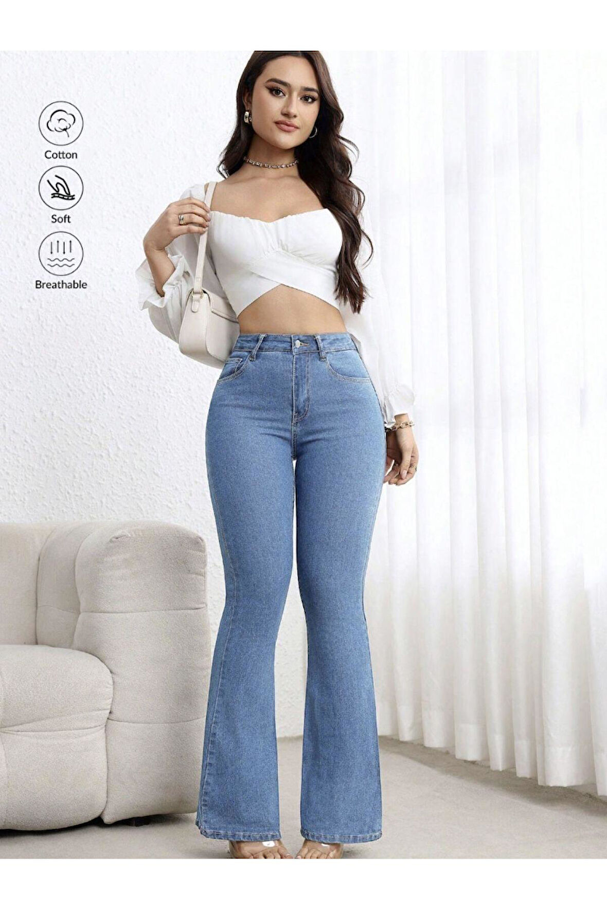 KADIN YÜKSEK BEL BUZ KAR İSPANYOL PAÇA KOT PANTOLON