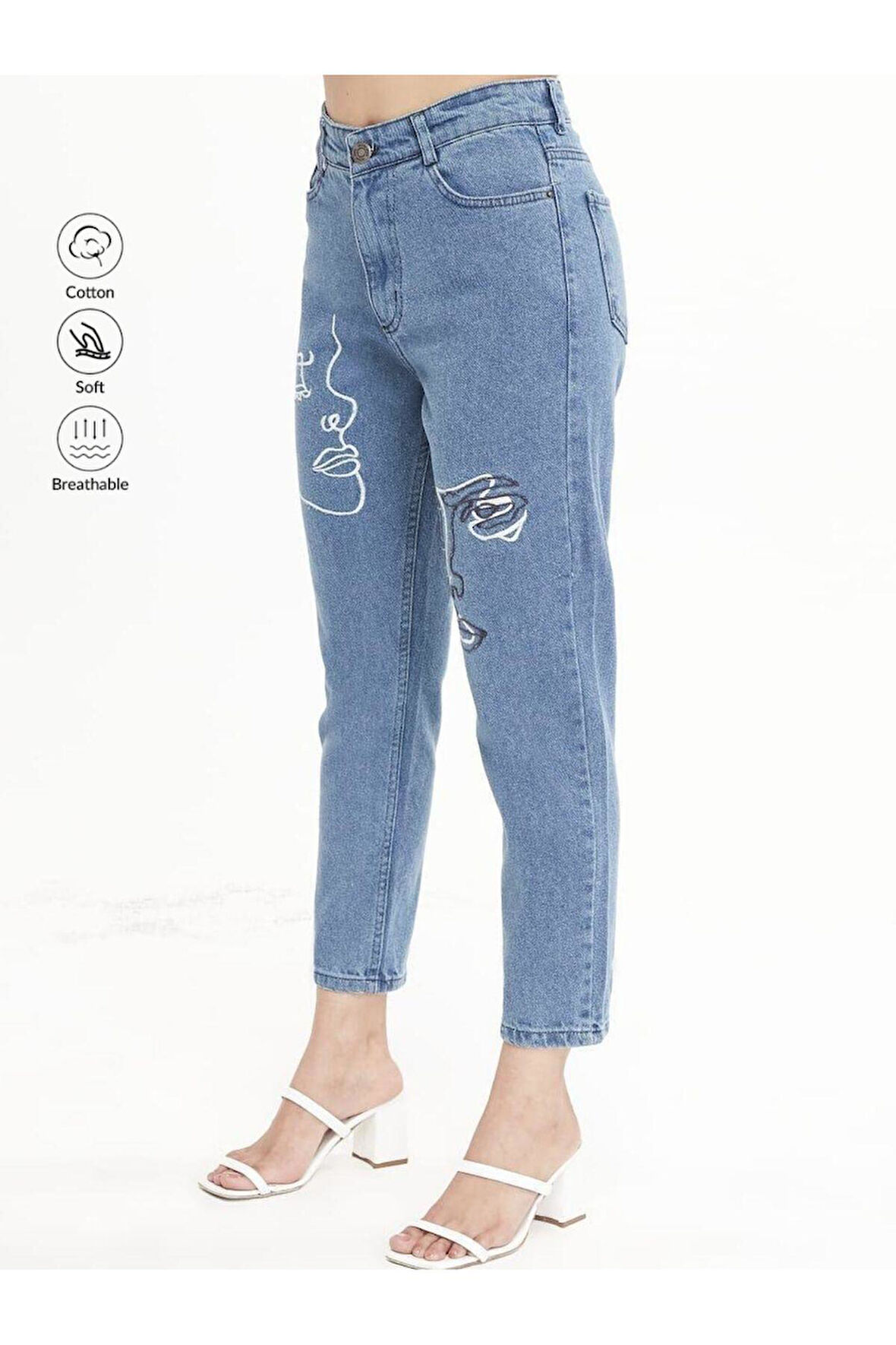 KADIN BACAK YÜZ NAKIŞLI MAVİ KOT PANTOLON