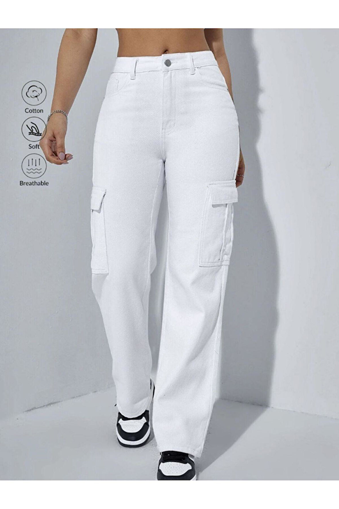 KADIN BEYAZ KARGO CEP BOYFRIEND KETEN BOL PAÇA